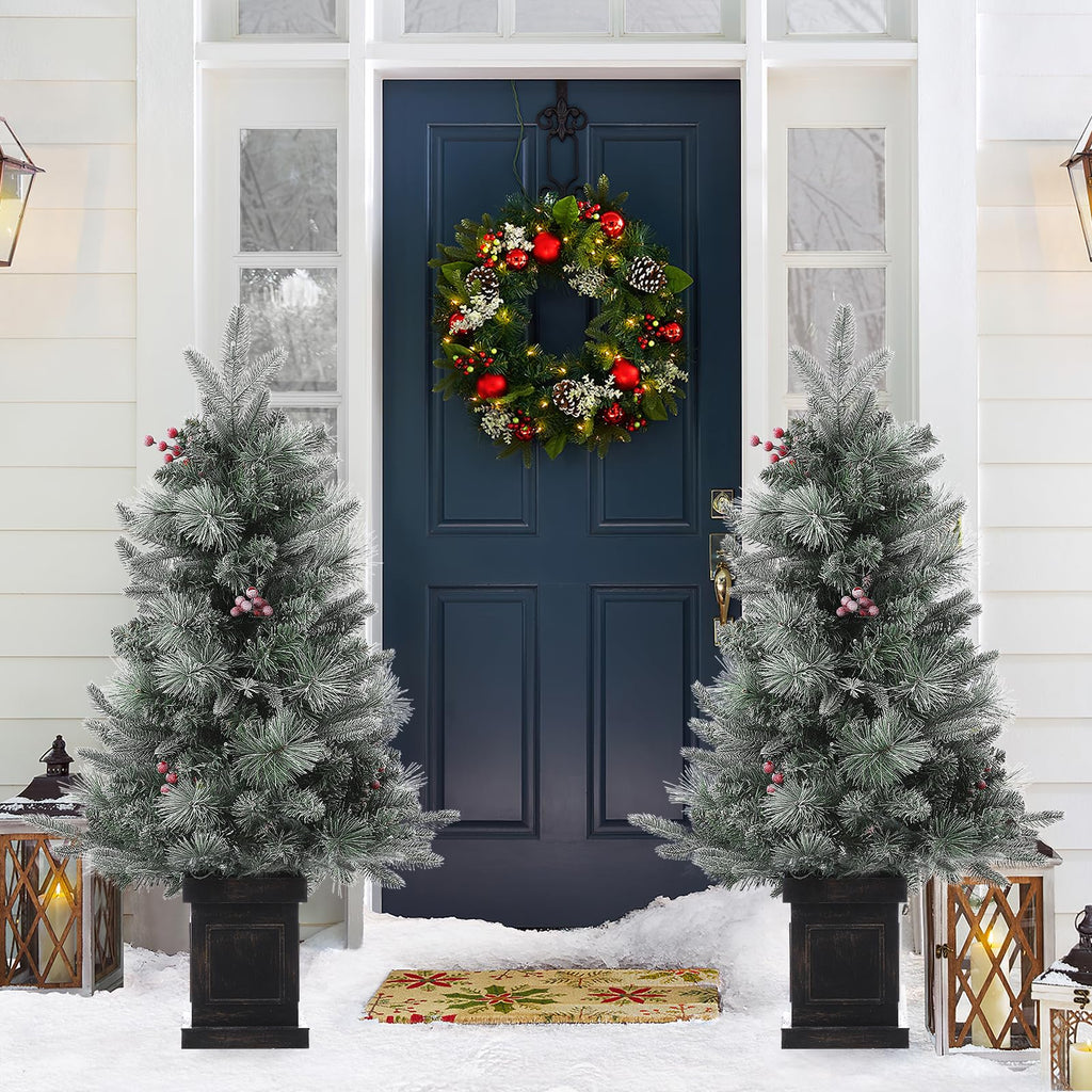 3FT Prelit Premium Snow Flocked Artificial Christmas Tree with Warm White LED, Mini Prelit Xmas Pine Tree for Christmas Decoration,Yard,Home,Office,Outdoor,Indoor,8 Mode Snowflake White Base- 1PC