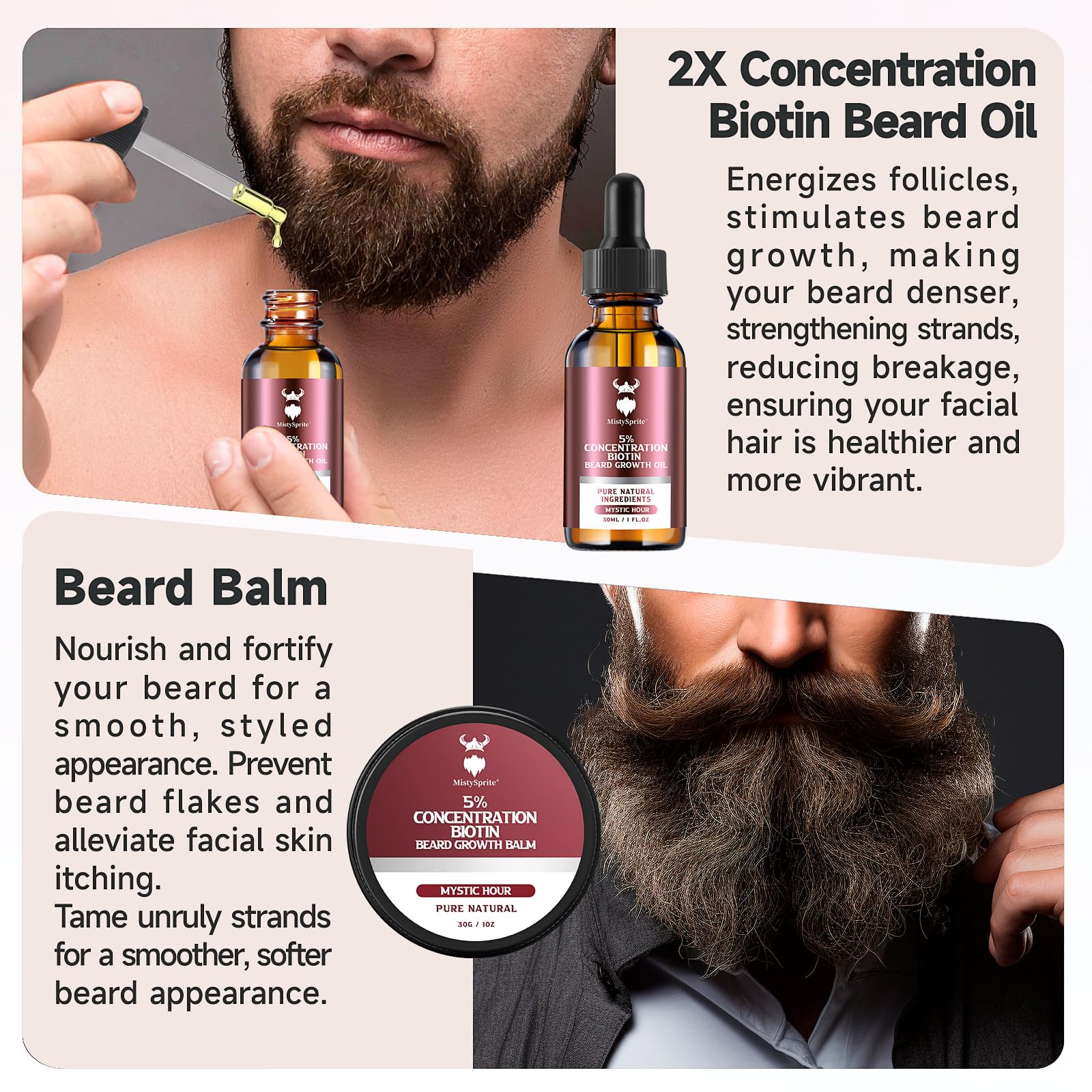 MistySprite Beard Growth Kit for Men, 2X Concentration Biotin Beard Oil & Styling Balm, Natural Facial Hair Conditioner with Argan, Jojoba & Vitamin E, Sandalwood Scent Softener