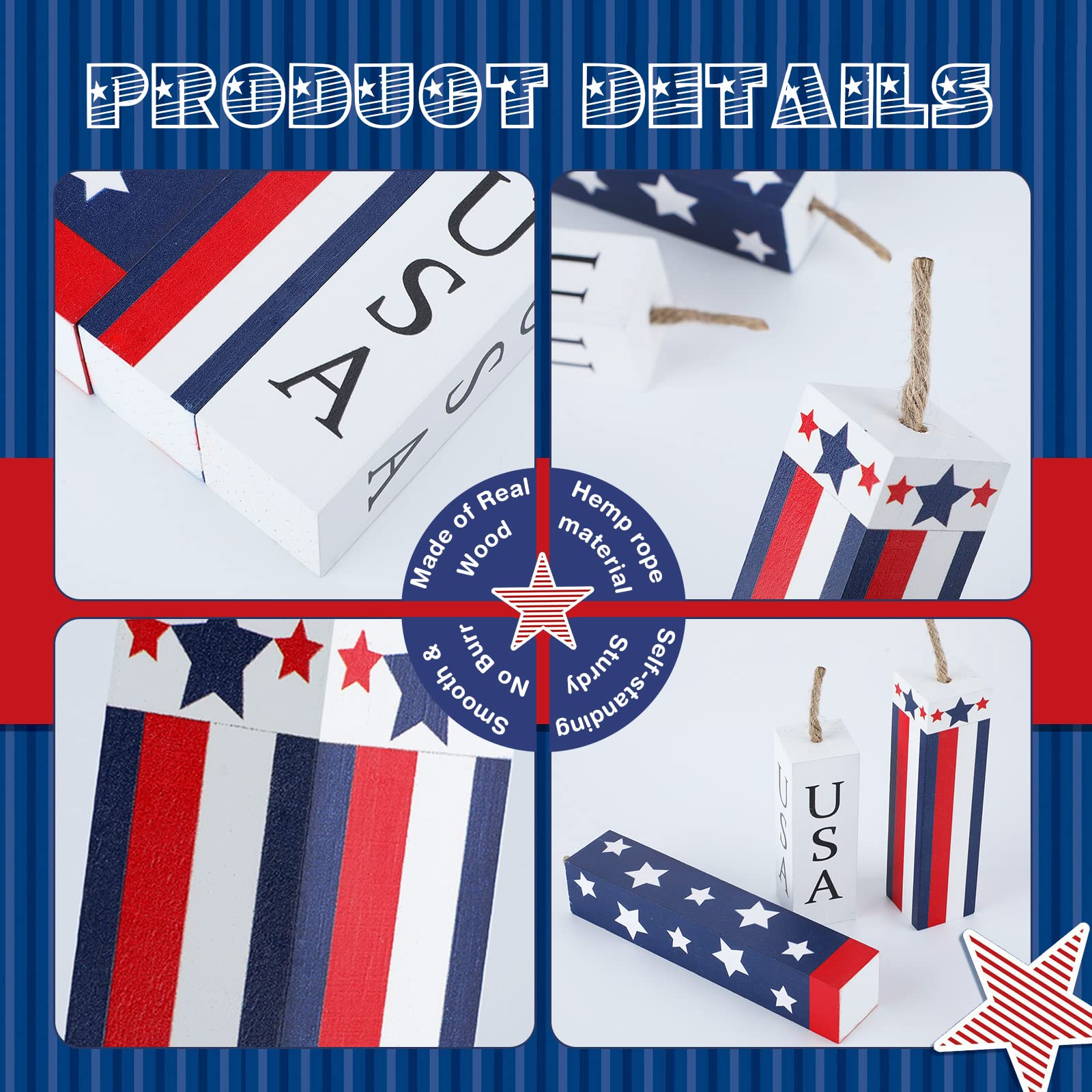 Amyhill 3 Pcs 4th of July Decorations Set Wooden Patriotic Table Centerpieces Independence Day Wood Firework Fourth of July Table Signs for 250th Anniversary Home Farmhouse Decor (Flag)