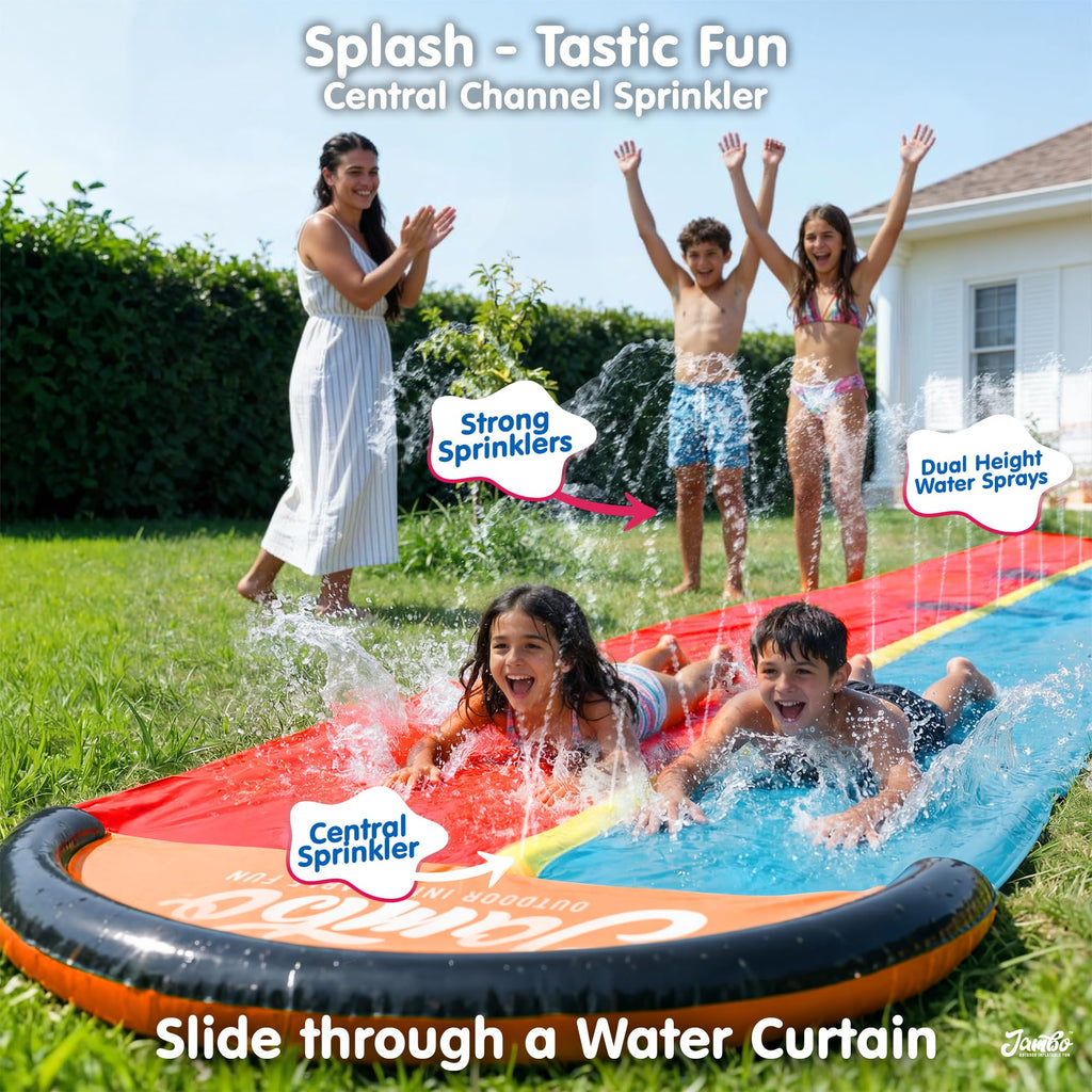 JAMBO Premium Triple Water Slide with 3 Bodyboards, 20Ft Heavy Duty Slip Splash and Slides-Advanced 3-Way Sprinkler System, Splash Pad Mat Backyard Summer Outdoor Water Toys n Long Slides for Kids
