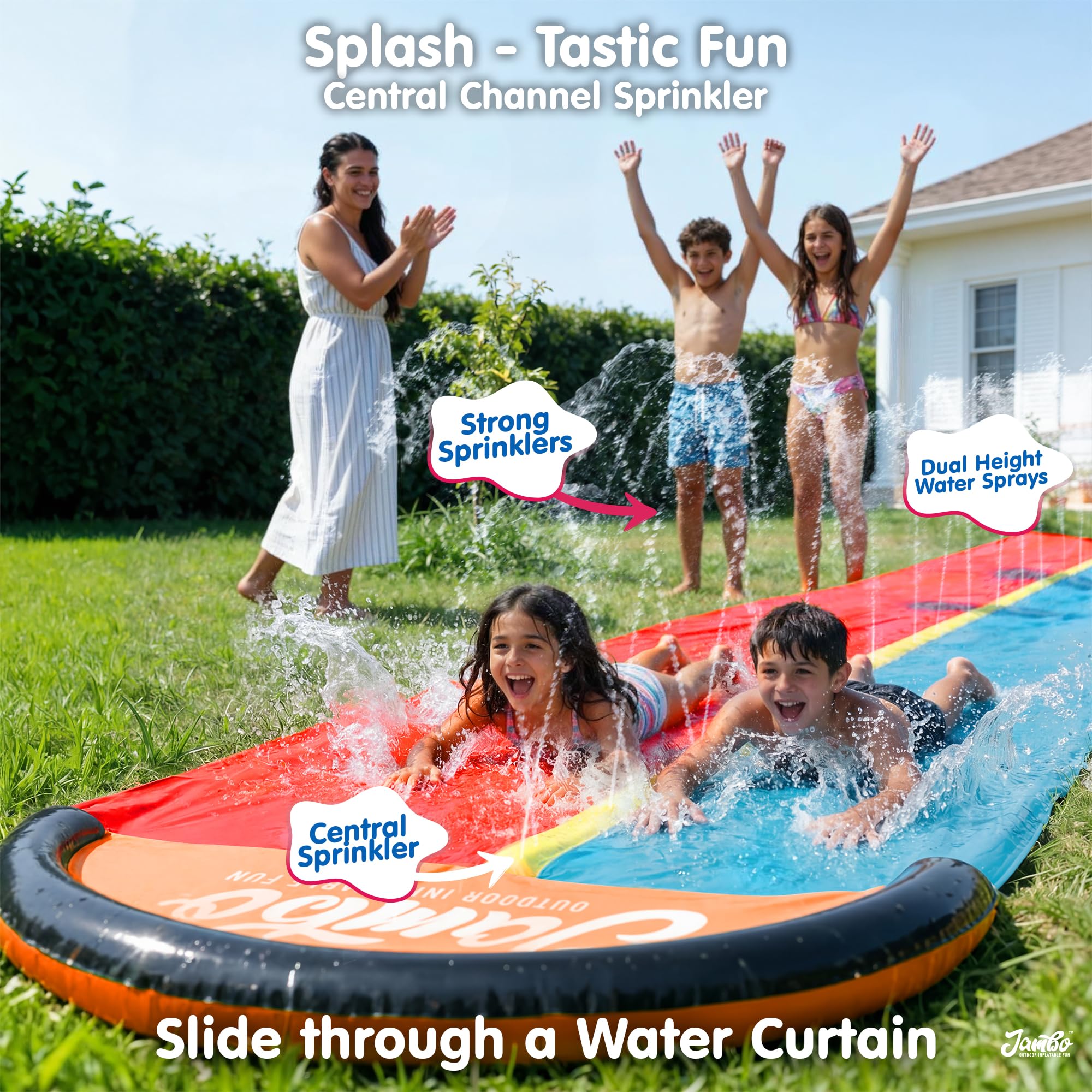 JAMBO Premium Triple Water Slide with 3 Bodyboards, 20Ft Heavy Duty Slip Splash and Slides-Advanced 3-Way Sprinkler System, Splash Pad Mat Backyard Summer Outdoor Water Toys n Long Slides for Kids