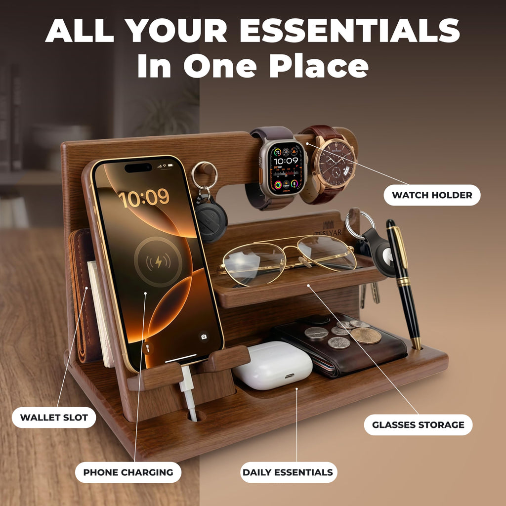 TESLYAR Wood Phone Docking Station for Men - Desk or Nightstand Organizer - Birthday Gifts for Husband, Dad - Anniversary Idea from Wife - Key Holder, Stand Wallet, Watch & Essentials (Bourbon Brown)