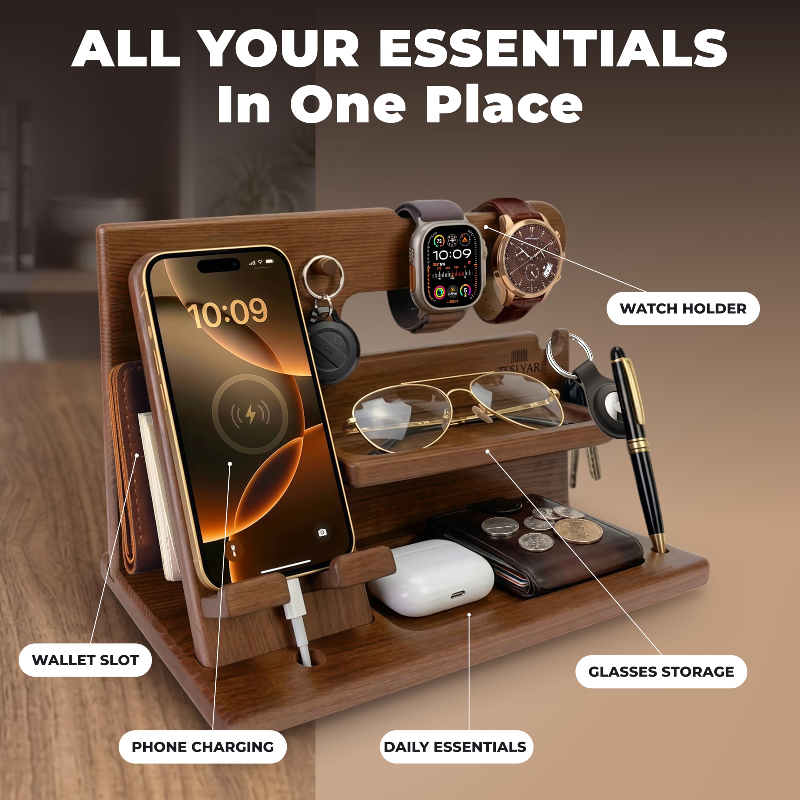 TESLYAR Wood Phone Docking Station for Men - Desk or Nightstand Organizer - Birthday Gifts for Husband, Dad - Anniversary Idea from Wife - Key Holder, Stand Wallet, Watch & Essentials (Bourbon Brown)
