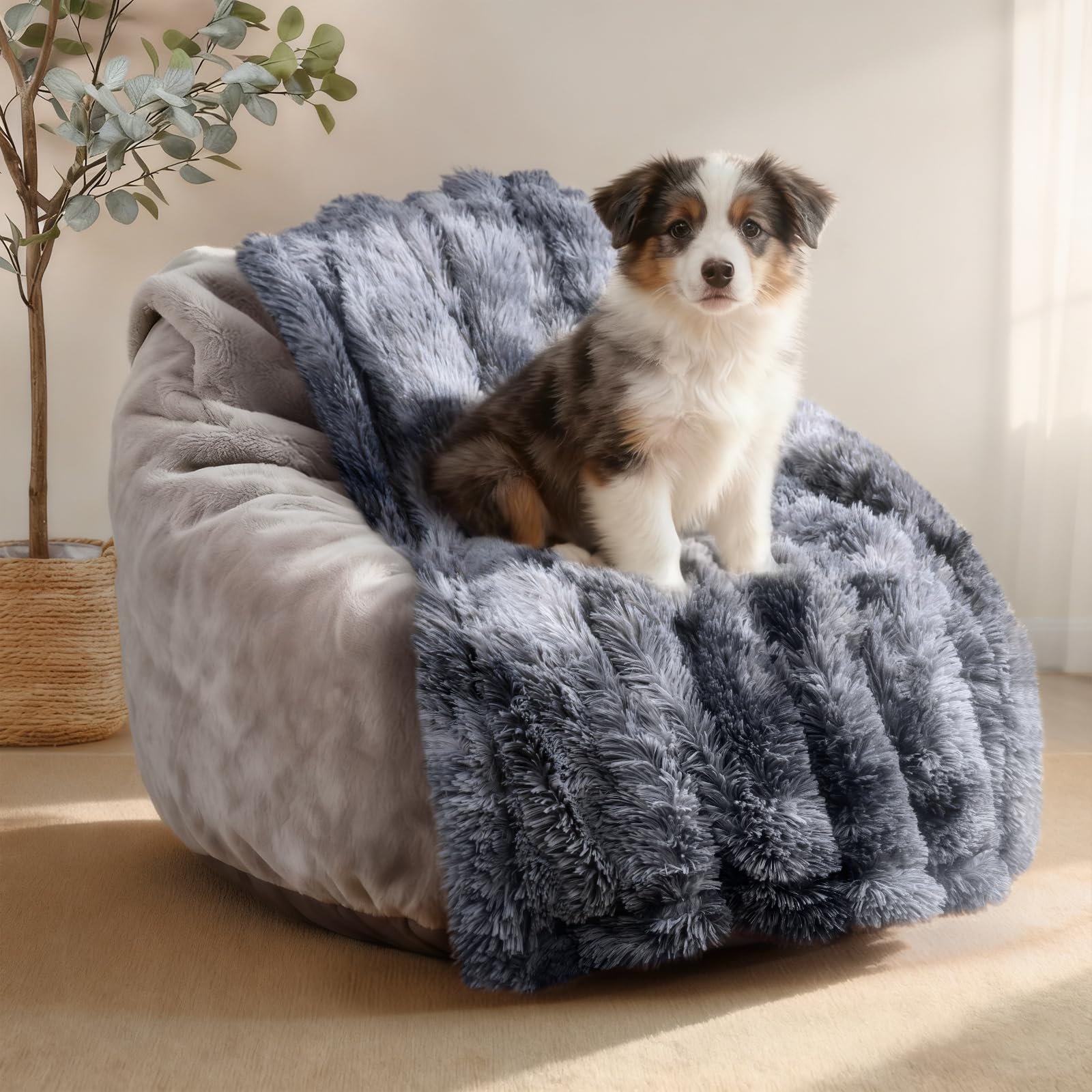 Luciphia Large Waterproof Dog Blanket for Pet Washable Liquid Proof Bed Intimacy Protection Shaggy Plush Calming Long Faux Fur Couch Cover Calming Cat Throw Blankets, Tie-dye Grey, 50" x 60"