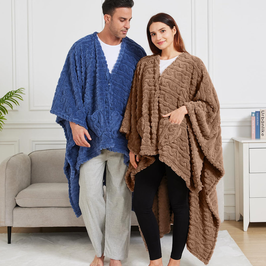 Wearable Blanket Poncho Cape Wrap for Adult, Cozy Sherpa Fleece Pocketed Shawl TV Throw Blankets for Office and Lounge(Caramel,58'' x 64'')
