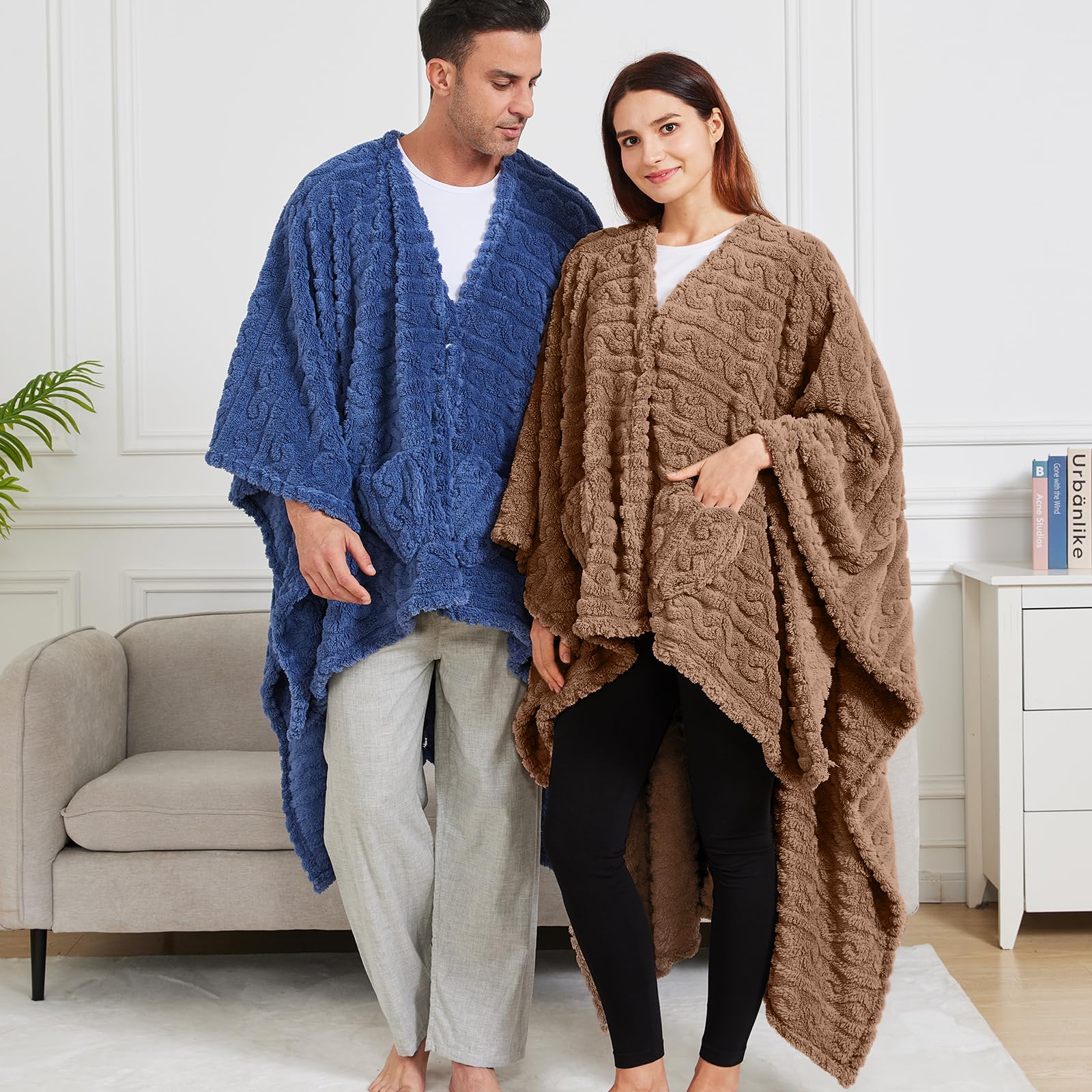 Wearable Blanket Poncho Cape Wrap for Adult, Cozy Sherpa Fleece Pocketed Shawl TV Throw Blankets for Office and Lounge(Caramel,58'' x 64'')