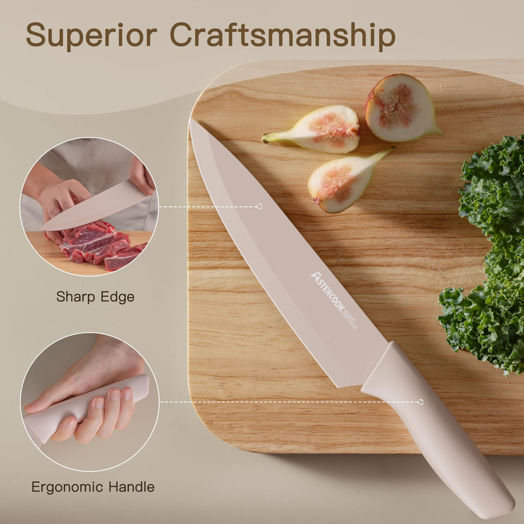 Astercook Knife Set, 13 Pieces Kitchen Knives Set with Healthy Anti-Rust Coating, Dishwasher Safe, Stainless Steel Chef Knife Sets with 6 Blade Guards, Fathers Day Gift for Men