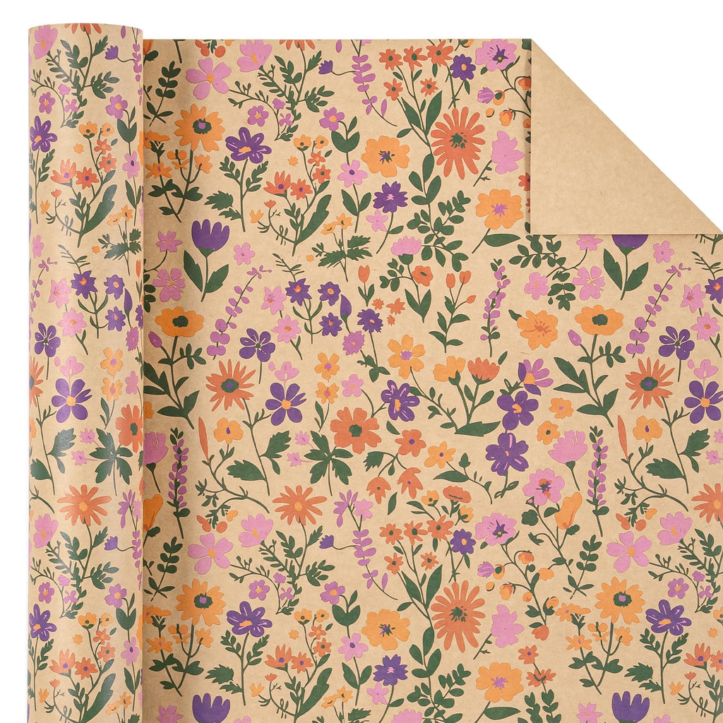 WRAPAHOLIC Kraft Floral Wrapping Paper Roll - Mini Roll - 17 Inch x 9.8 Feet - Spring Summer Garden Flower Design Perfect for Wedding, Bridal Shower, Birthday