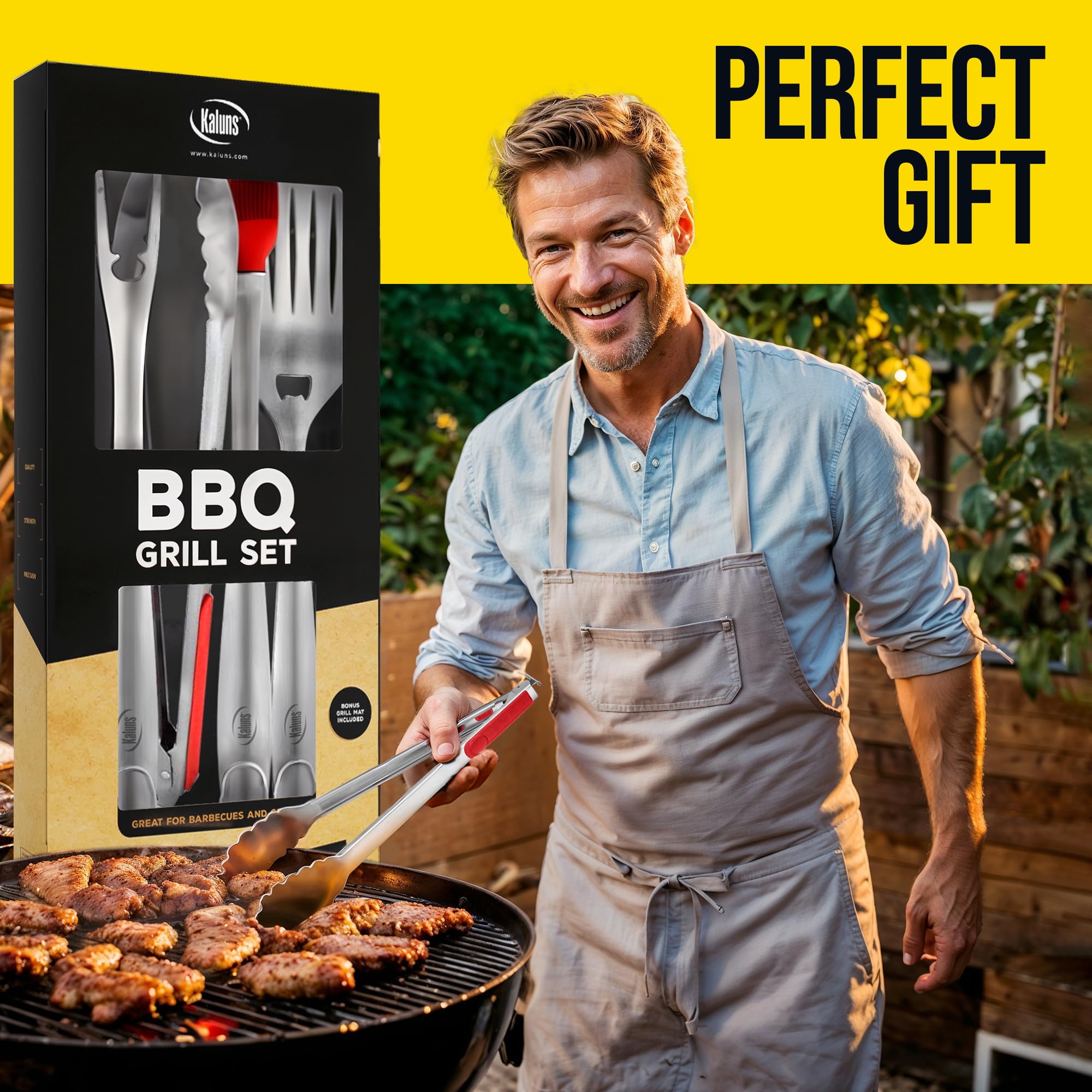 Kaluns Grilling Accessories, Dad Gifts for Fathers Day, Grilling Gifts, Heavy Duty Stainless Steel BBQ Tool Set for Outdoor Grill with Aluminum Case and Apron, Birthday Gifts for Men Women