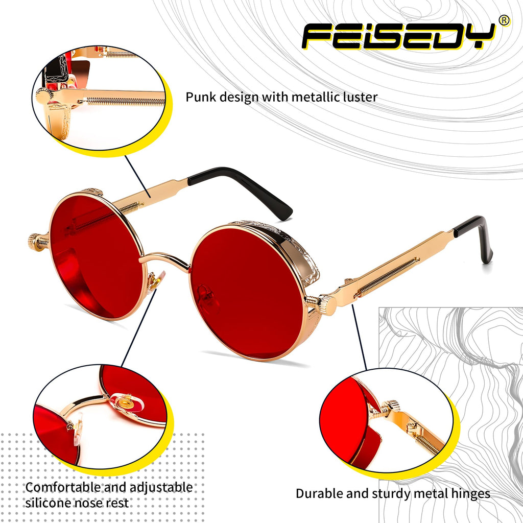 FEISEDY Retro Gothic Steampunk Sunglasses Round Metal Frame Punk Circle Inspired Shade Men B1857
