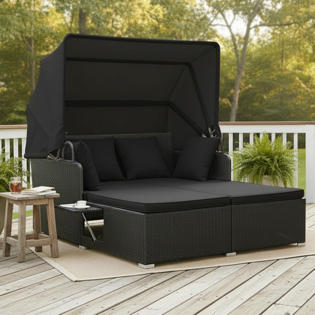 Tangkula Patio Rattan Daybed with Retractable Canopy, Outdoor Wicker Sunbed Lounger with 2 Foldable Side Tables, Thick Seat & Back Cushions, Outside Double Daybed for Garden, Backyard, Porch