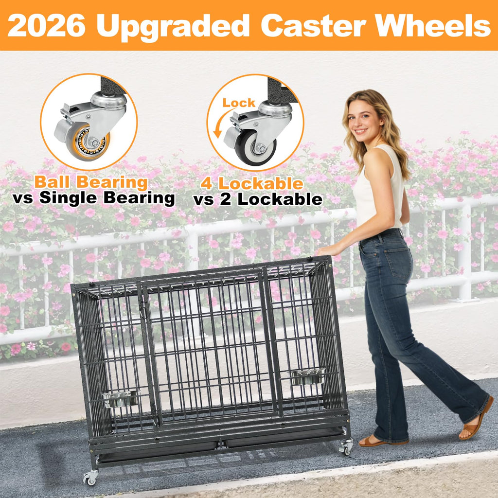 Homey Pet 37 Inch Heavy Duty Dog Crate for Medium Dogs, Stackable Dog Cage with Four Lockable Wheels, Removable Tray & Grid, Open Top, Escape Proof Dog Kennel Indoor