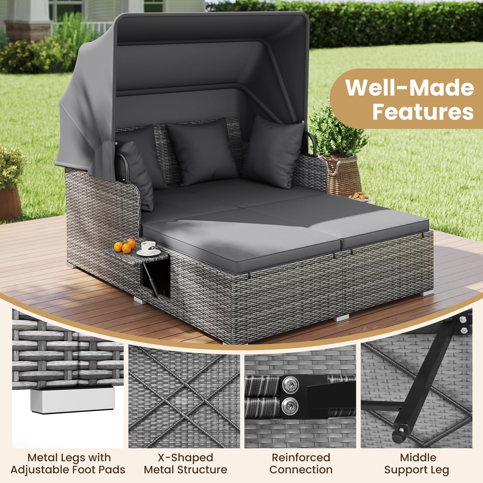 Tangkula Patio Rattan Daybed with Retractable Canopy, Outdoor Wicker Sunbed Lounger with 2 Foldable Side Tables, Thick Seat & Back Cushions, Outside Double Daybed for Garden, Backyard, Porch