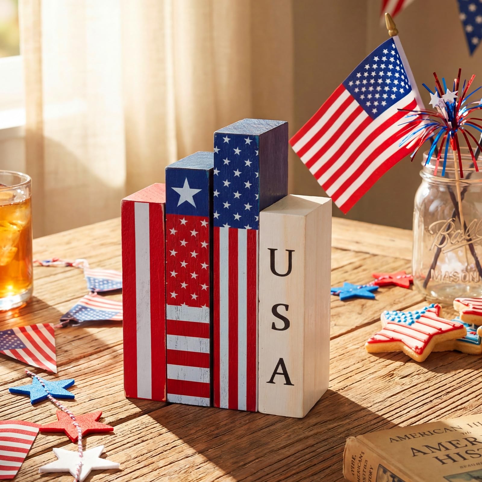 Amyhill 3 Pcs 4th of July Decorations Set Wooden Patriotic Table Centerpieces Independence Day Wood Firework Fourth of July Table Signs for 250th Anniversary Home Farmhouse Decor (Flag)