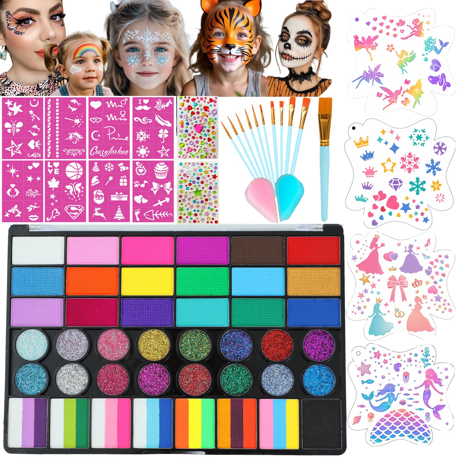 Face Painting Kit for Kids, 42 Colors Professional Face Paint Makeup Kit Non-Toxic Water Activated Facepaint Palette with Brush, Stencil, Sponge, Gem, for Party Halloween Christmas (42 Colors)