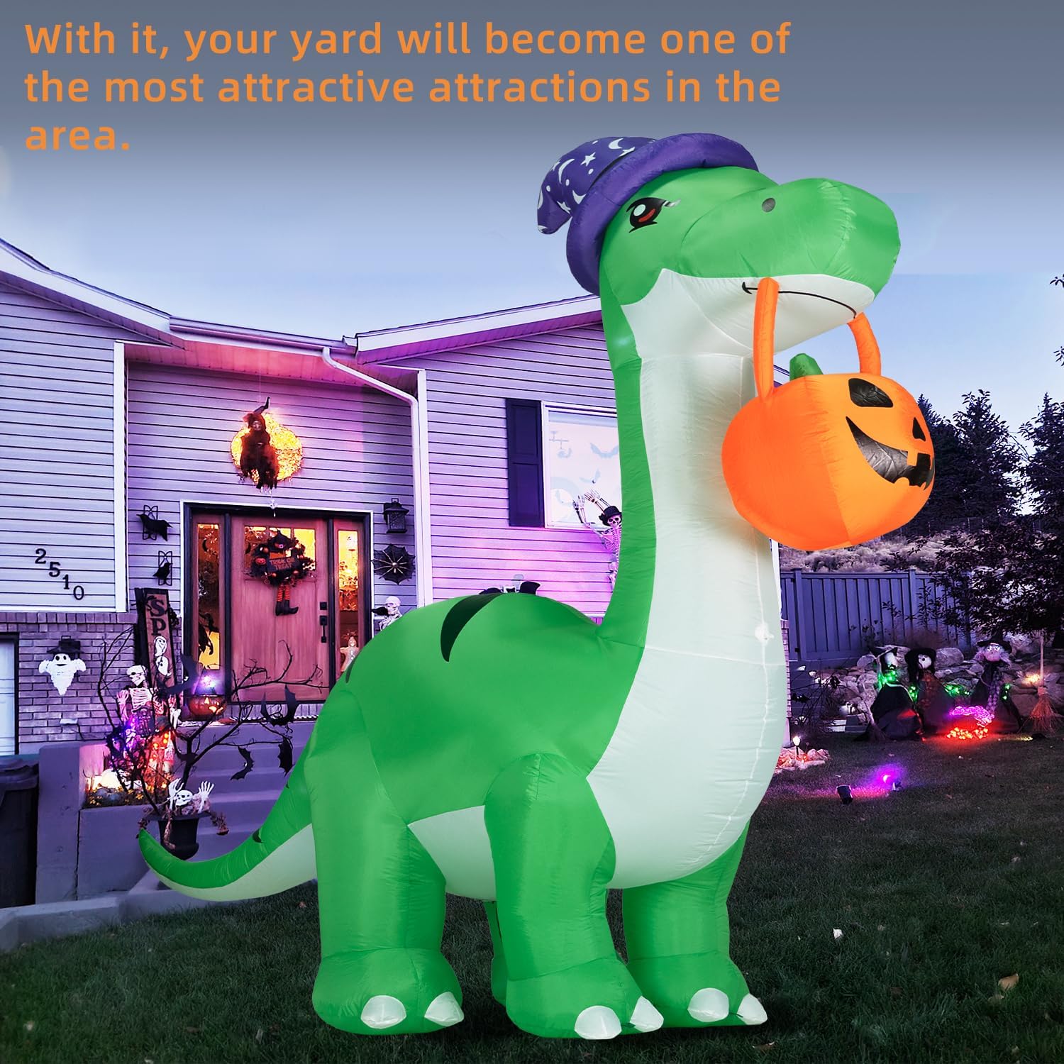 Kendane 10FT Halloween Inflatable Huge Dinosaur Decorations Outdoor, Blow Up Yard Decorations Built-in LED Lights,Halloween Party Decorations with Witch Hat and Pumpkin,for Garden/Lawn.