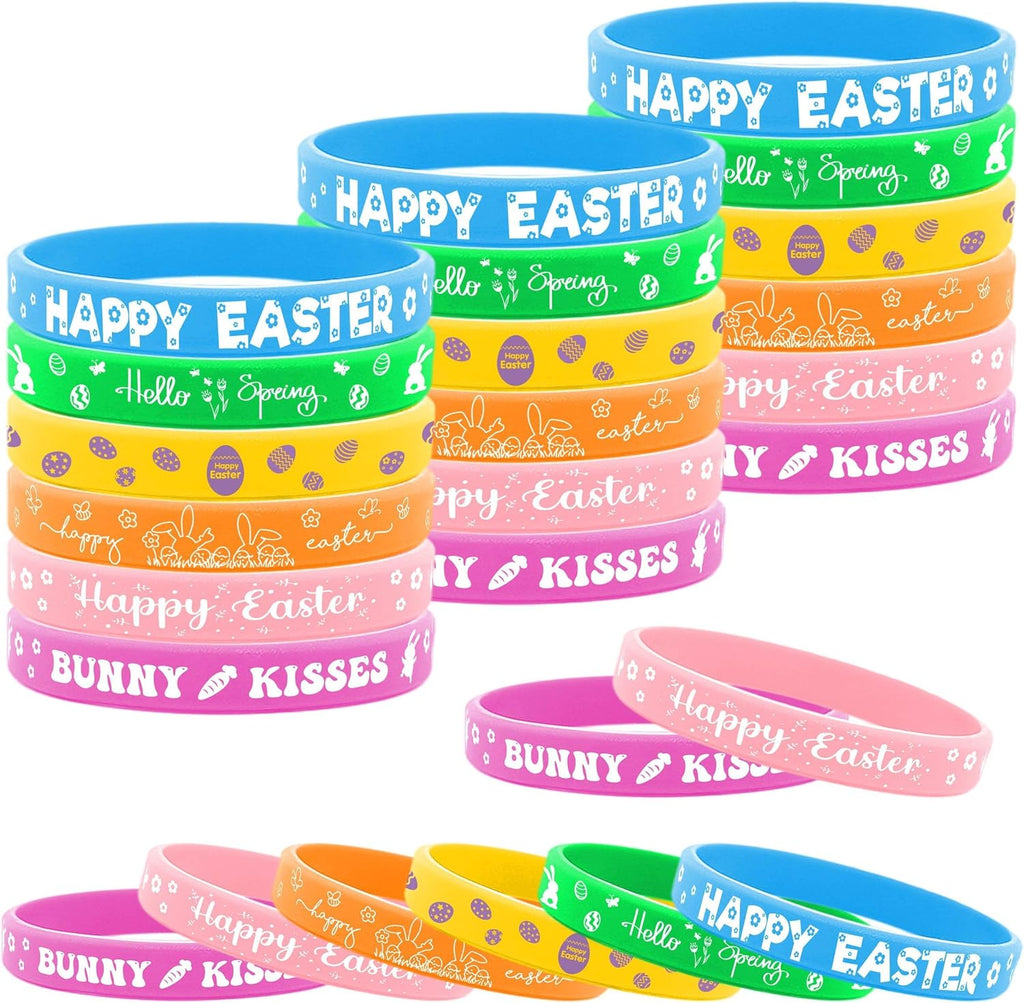 Lesnala 48 PCS Easter Rubber Wristband Theme Party Bunny Egg Carrot Silicone Bracelet for Kids Teens Women Men Gifts Holiday Accessories Basket Stuffers Supplies