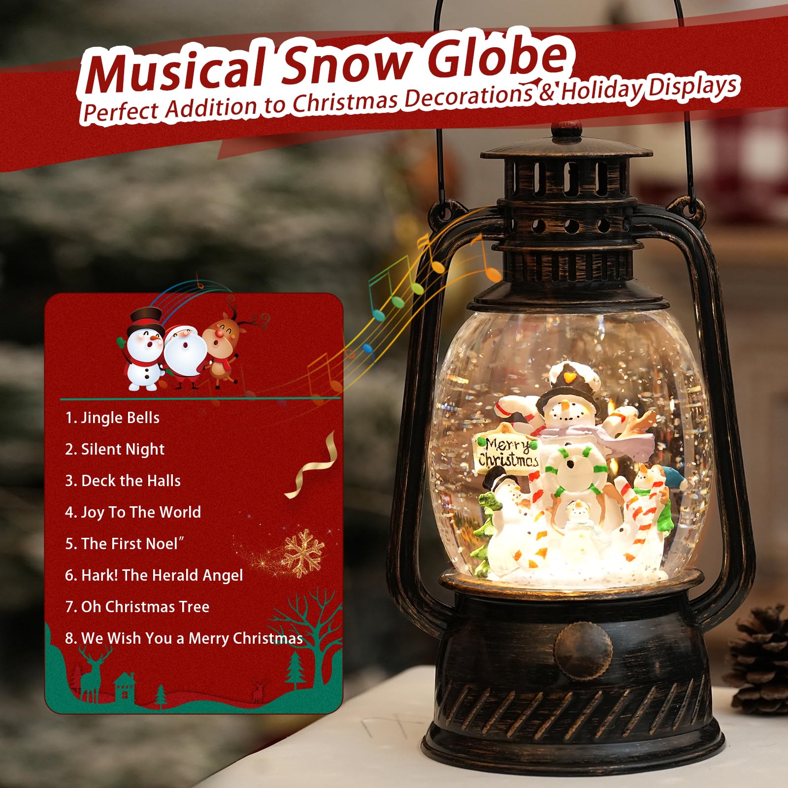 Snow Globe Christmas Decorations Indoor, Santa Claus Lighted Musical Christmas Snow Globes Lantern with Glitter & 6H Timer, Santa Claus Christmas Decorations for Home