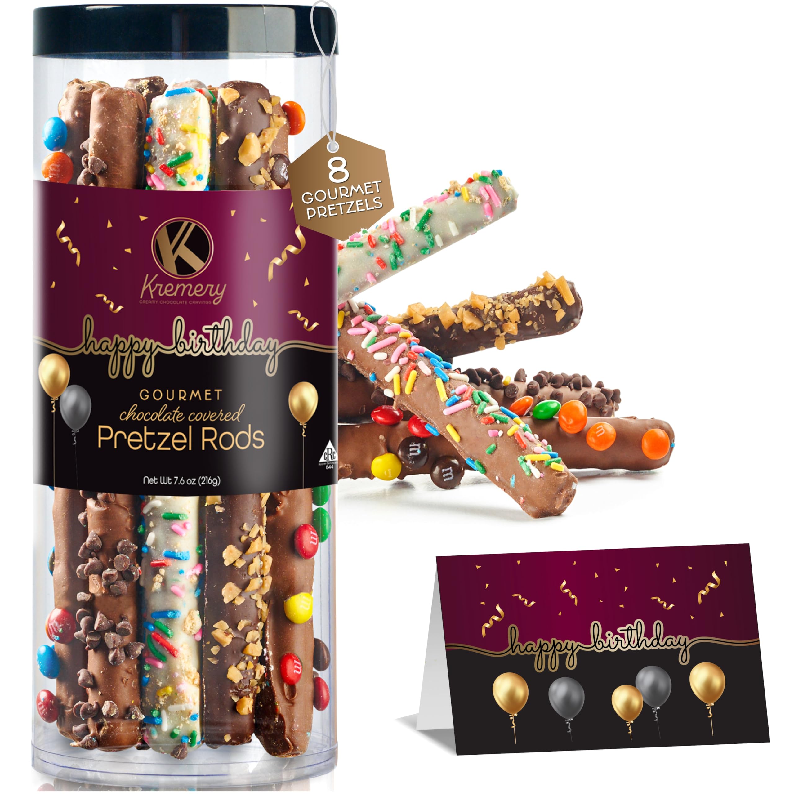 KREMERY Creamy Chocolate Cravings - Fathers Day Treats, Gift For Dad, Chocolate Covered Pretzel Rods Gift Basket with Candied Toppings (8 Pretzels) Sweet Treats in Clear Tube Kosher