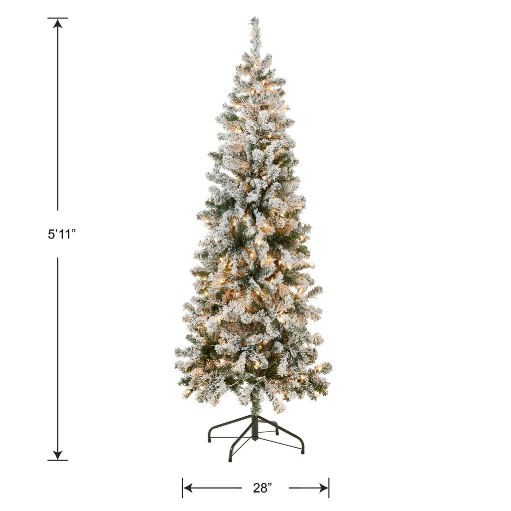 National Tree Company 6 ft Pre-Lit Flocked Acacia Slim Artificial Christmas Tree, 250 Clear Lights, 512 Tips, Includes Stand, Green