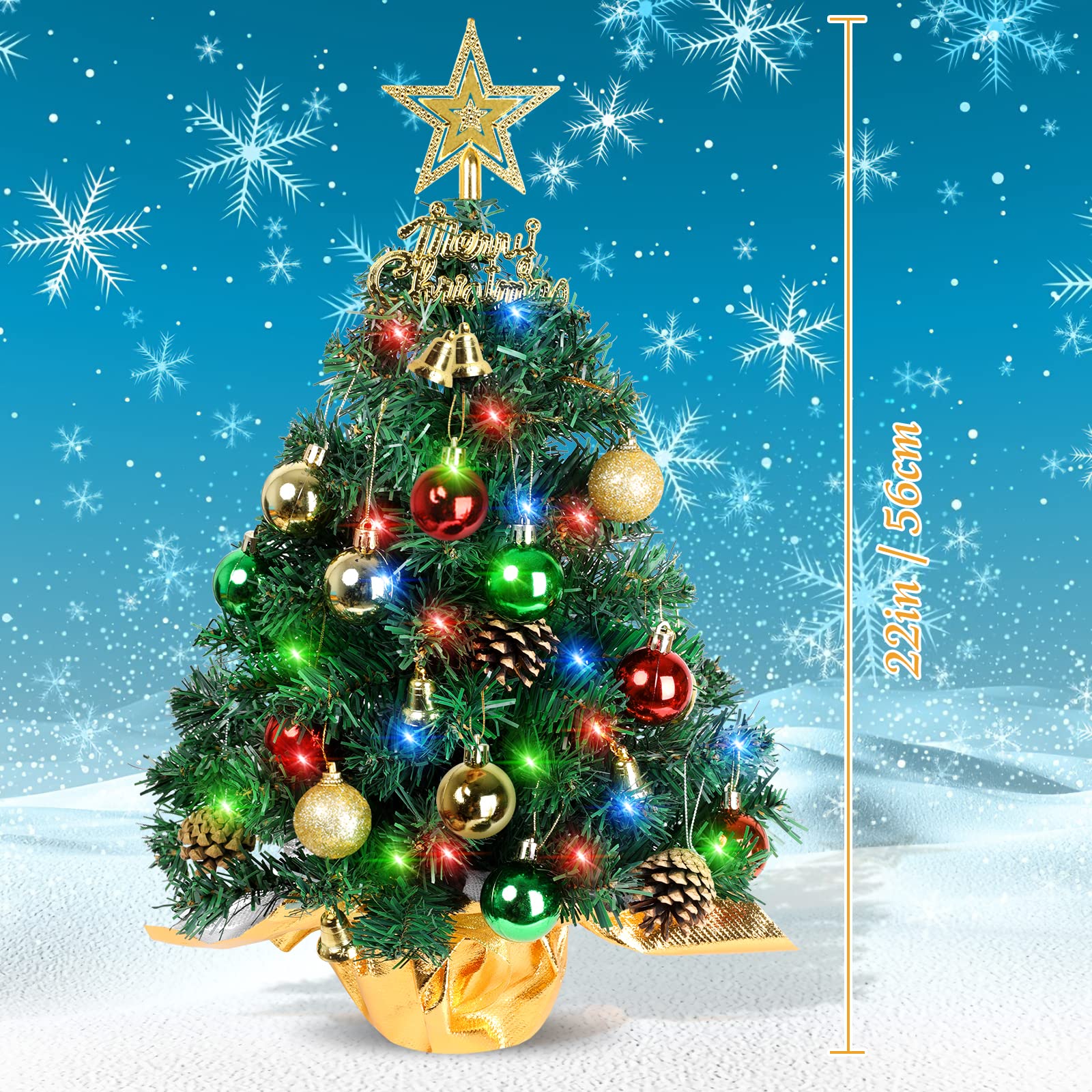 Tabletop Christmas Tree 21.65 Inch Mini Artificial Christmas Tree with 20 LED String Lights, Star Tree, Pine Cones Ornaments, Small Xmas Tree for Holiday Indoor DIY Christmas Decor