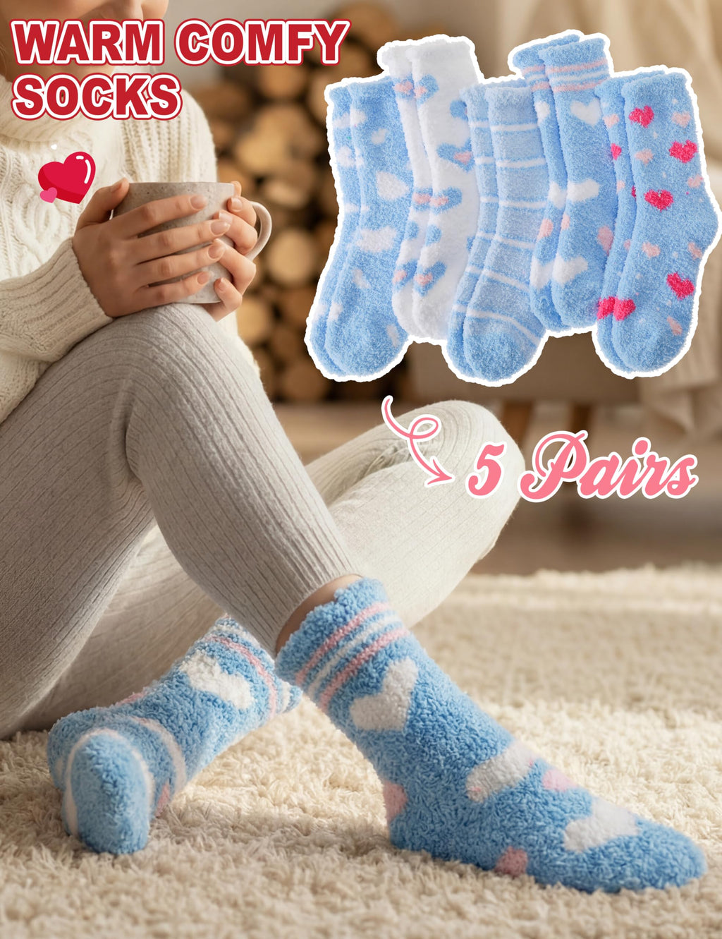 Womens Fuzzy Socks Warm Fluffy Cozy Winter Slipper Thick Fleece Heart Socks 5 Pairs