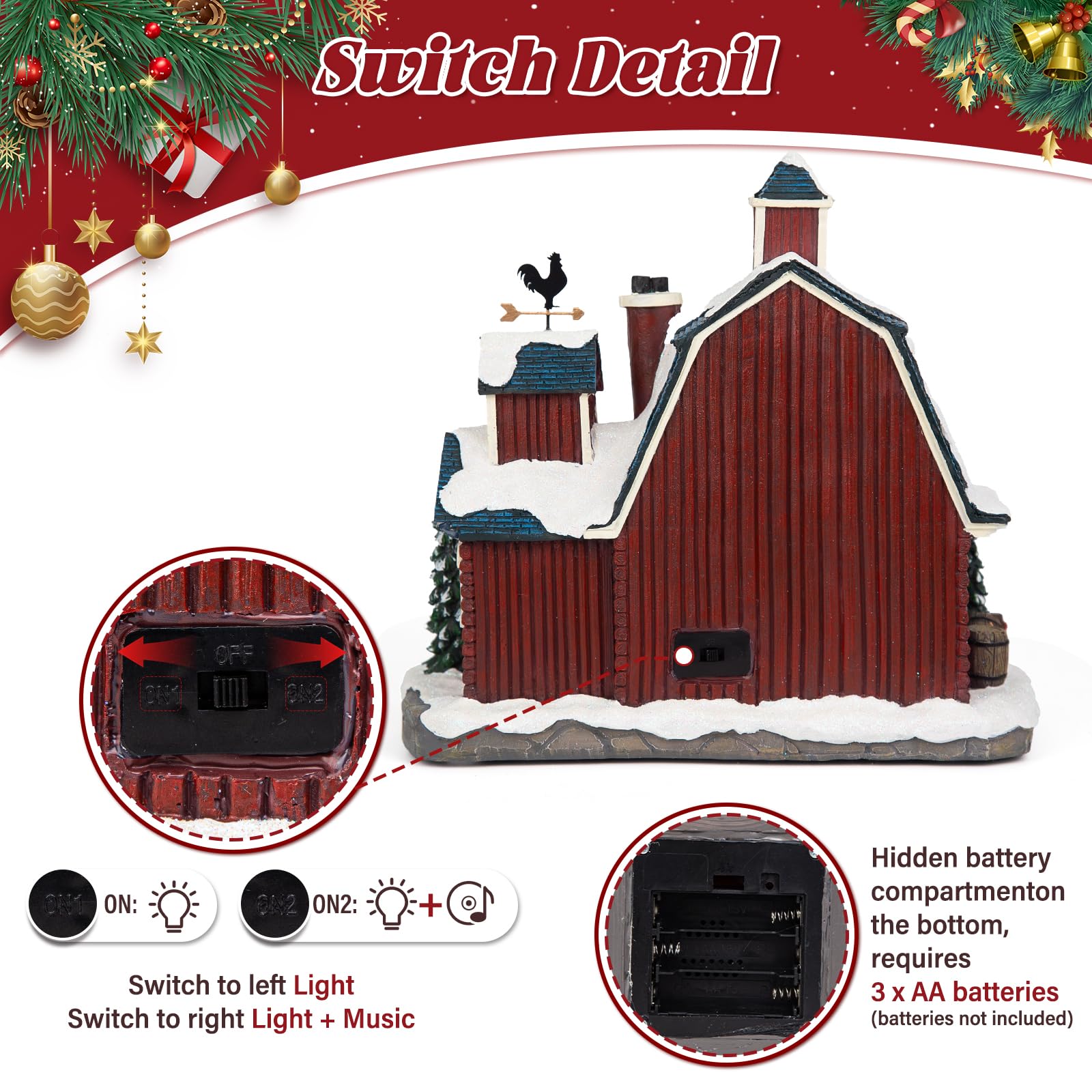 LED Lighted Musical Farmhouse Christmas Village - 10.4" Farm Barn, Large Christmas Collectible Building with Dual Light & Music Modes, Holiday Collectible Gifts for Tabletop, Mantel, Village Display