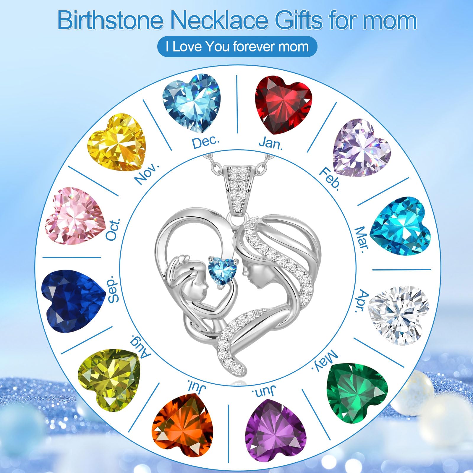 Mothers Day Gifts for Mom Wife Her Grandma, S925 Sterling Silver Birthstone Necklaces Jewelry for Women, Mother's Day Love Heart Pendant Necklace for Anniversary Birthday Christmas Day