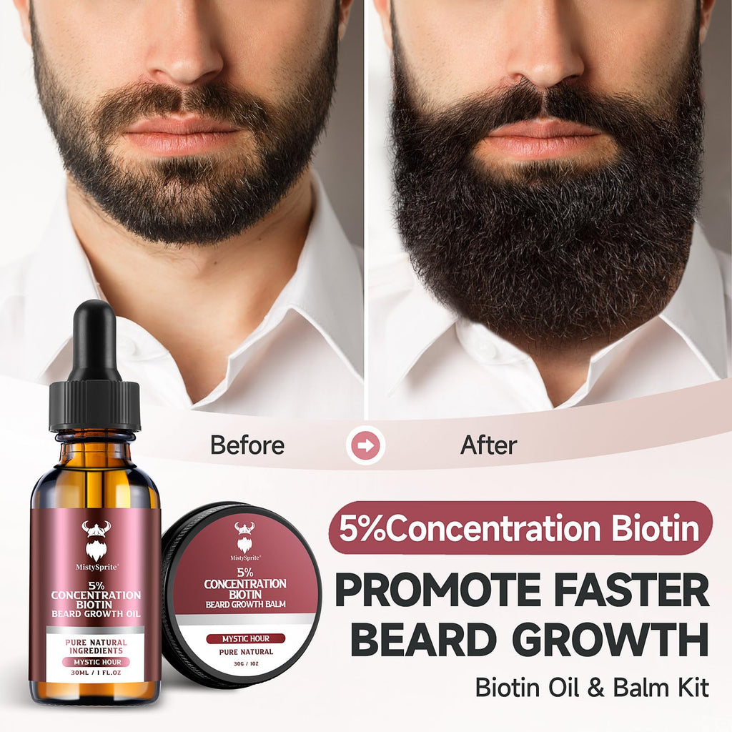 MistySprite Beard Growth Kit for Men, 2X Concentration Biotin Beard Oil & Styling Balm, Natural Facial Hair Conditioner with Argan, Jojoba & Vitamin E, Sandalwood Scent Softener