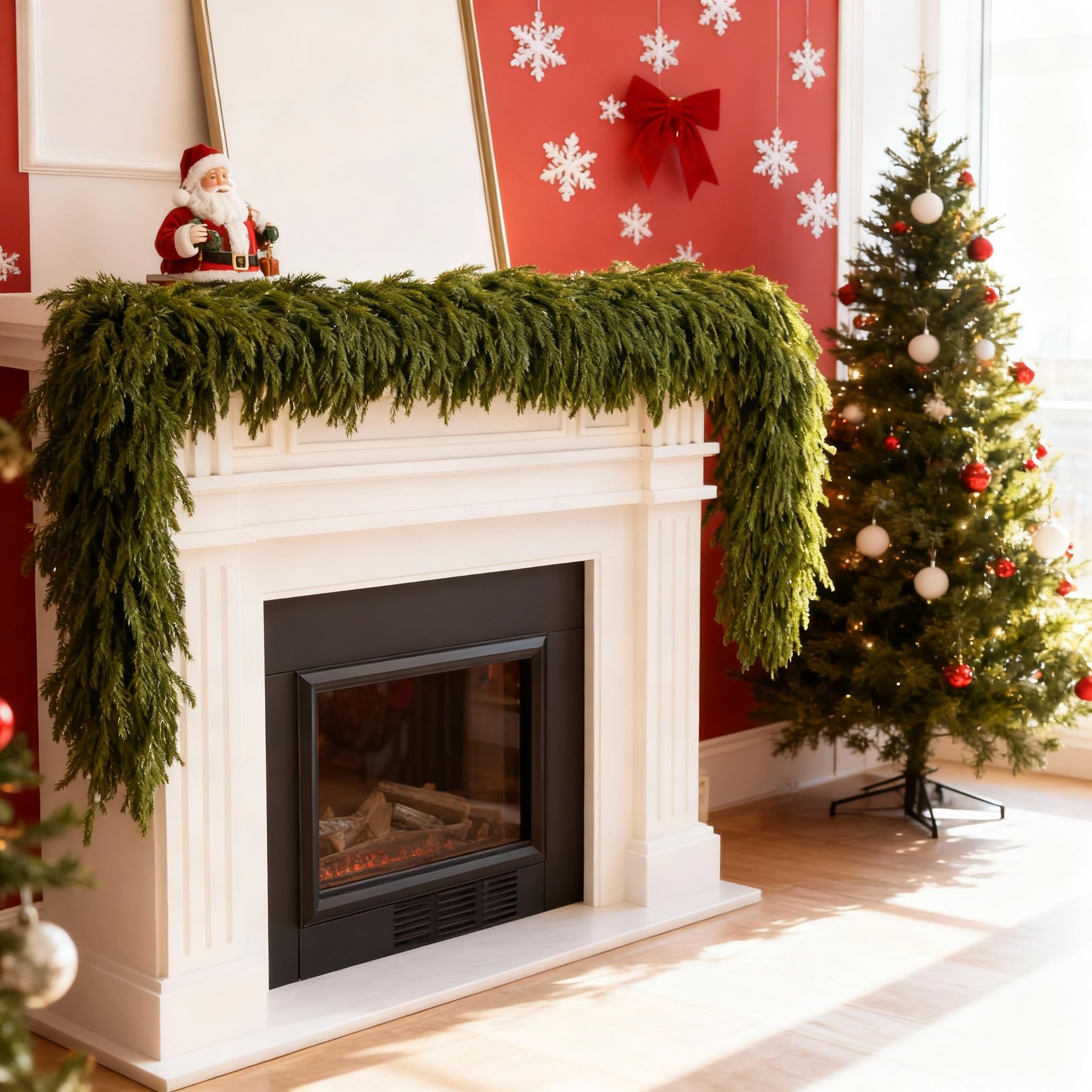 6FT Cedar Garland, Luxury 140 Tips Real Touch Christmas Garland, Artificial Winter Pine Garland for Mantle Table Stairs Wall, Outdoor Christmas Decorations Indoor Greenery Garlands Holiday Decorations