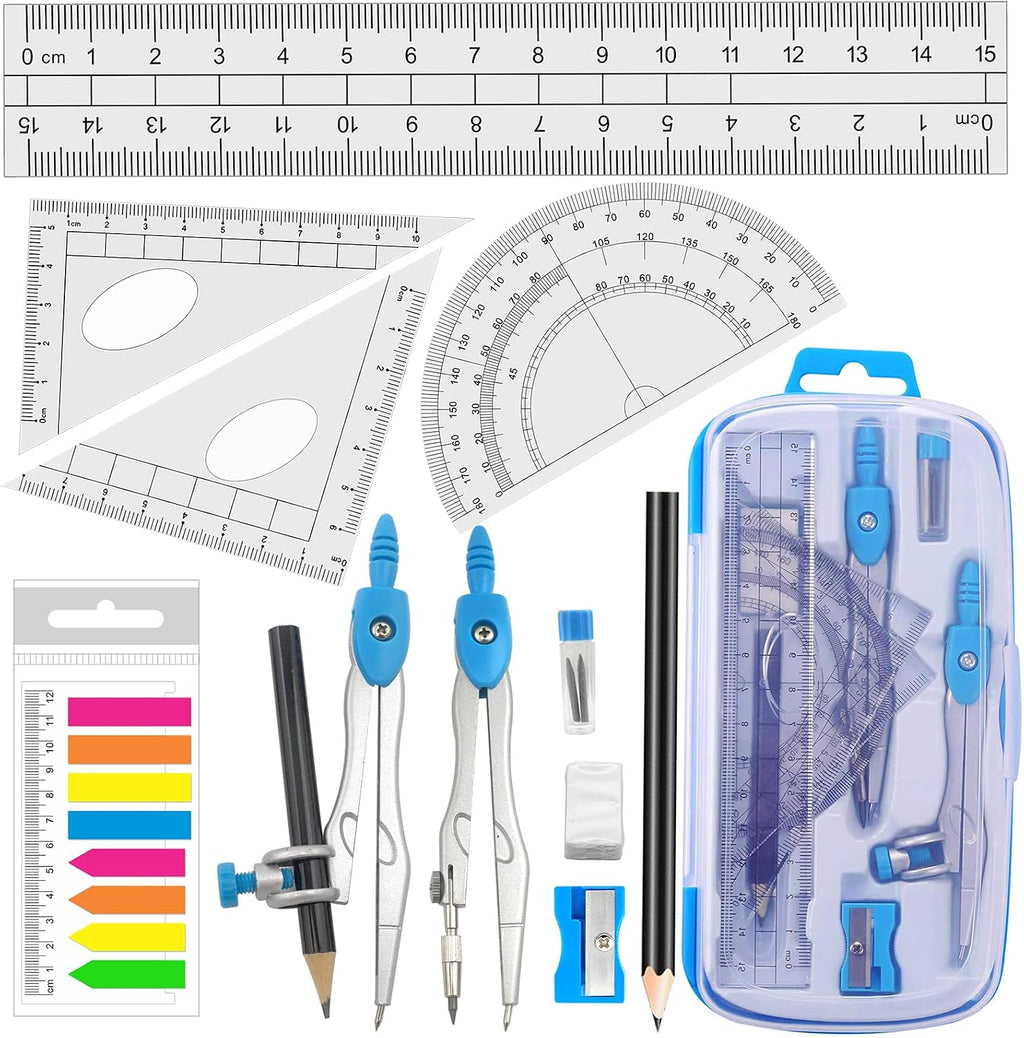 Akuoly Math Compasses Back-to-School Starter Geometry Kit with 2 Drafting Compasses Protractor Set Squares Ruler and More for Students Maths Study Homework, Blue Set with Carry Case