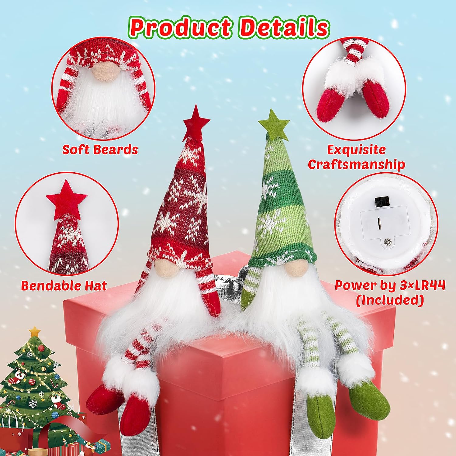 WEMEMORN Gnome Christmas Decorations Set of 6, Lighted Christmas Gnome Ornaments, Swedish Tomte Xmas Gnomes Plush Doll, Scandinavian Santa Christmas Ornaments Indoor Home Tree Tabletop Decoration