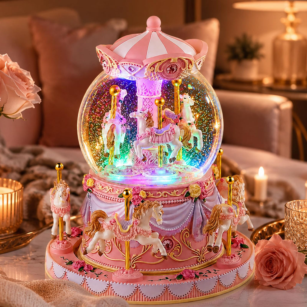 Blue Carousel Snow Globe Music Box with LED Lights, Rotating Horse Merry Go Round, Wind Up Musical Snow Globe Plays You are My Sunshine, Gift for Daughter Granddaughter Mom Women