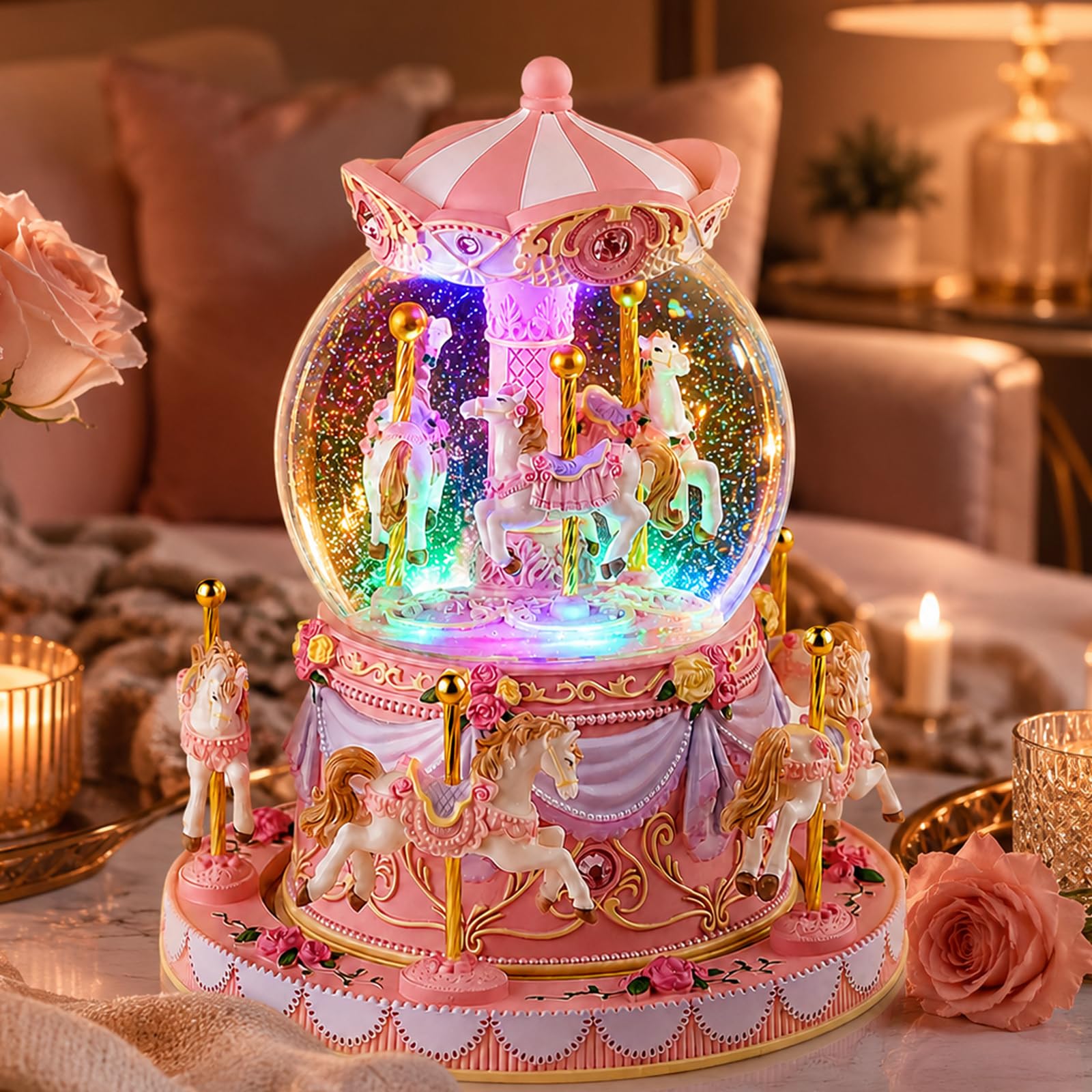 Blue Carousel Snow Globe Music Box with LED Lights, Rotating Horse Merry Go Round, Wind Up Musical Snow Globe Plays You are My Sunshine, Gift for Daughter Granddaughter Mom Women