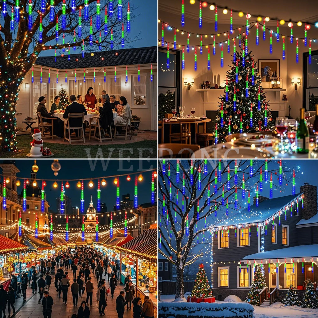 Weepong Halloween Lights Outdoor, Meteor Shower Christmas Lights for Halloween Decorations, 8 Tube 192 LED Snow Falling Rain Icicle String Light for Xmas Christmas Decor Tree Party, UL Plug Green