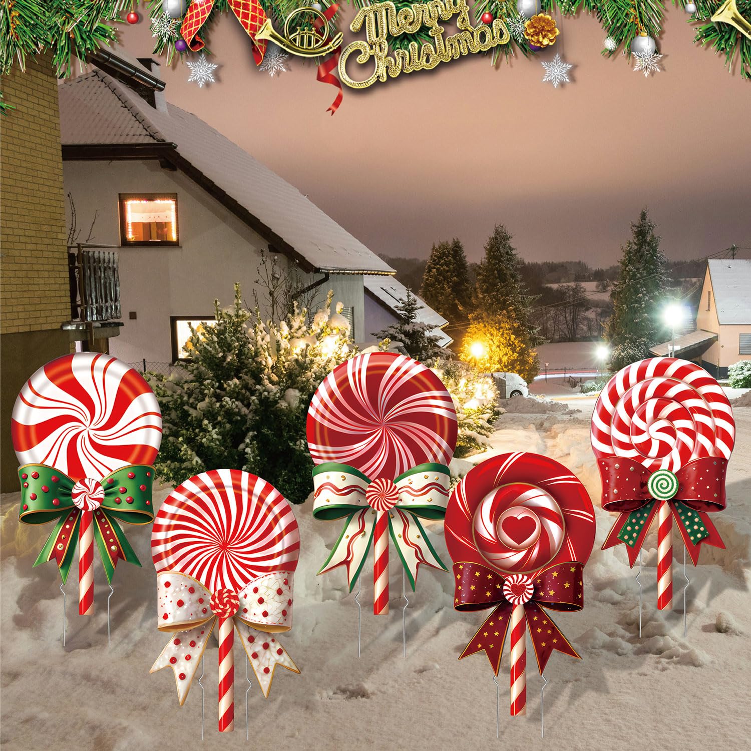 33" Christmas Decorations Outdoor Candy Christmas Decorations, 2ct Large Tall Outdoor Stake Signs 4 Interlocking PP Panels with H-Brackets Fiberglass Rods for Lawn Pathway Xmas Party