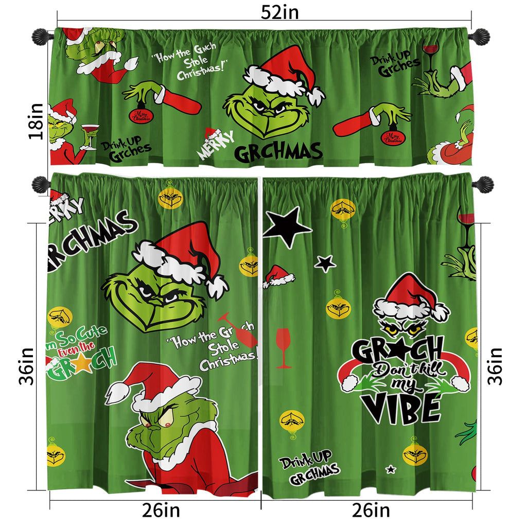 Christmas Kitchen Curtain Valances Winter Holiday Festive Small Window Decoration, Red and Green Farmhouse Xmas Design, 52x18inchx1, 26x36inchx2, 3 Panel, Rod Pocket