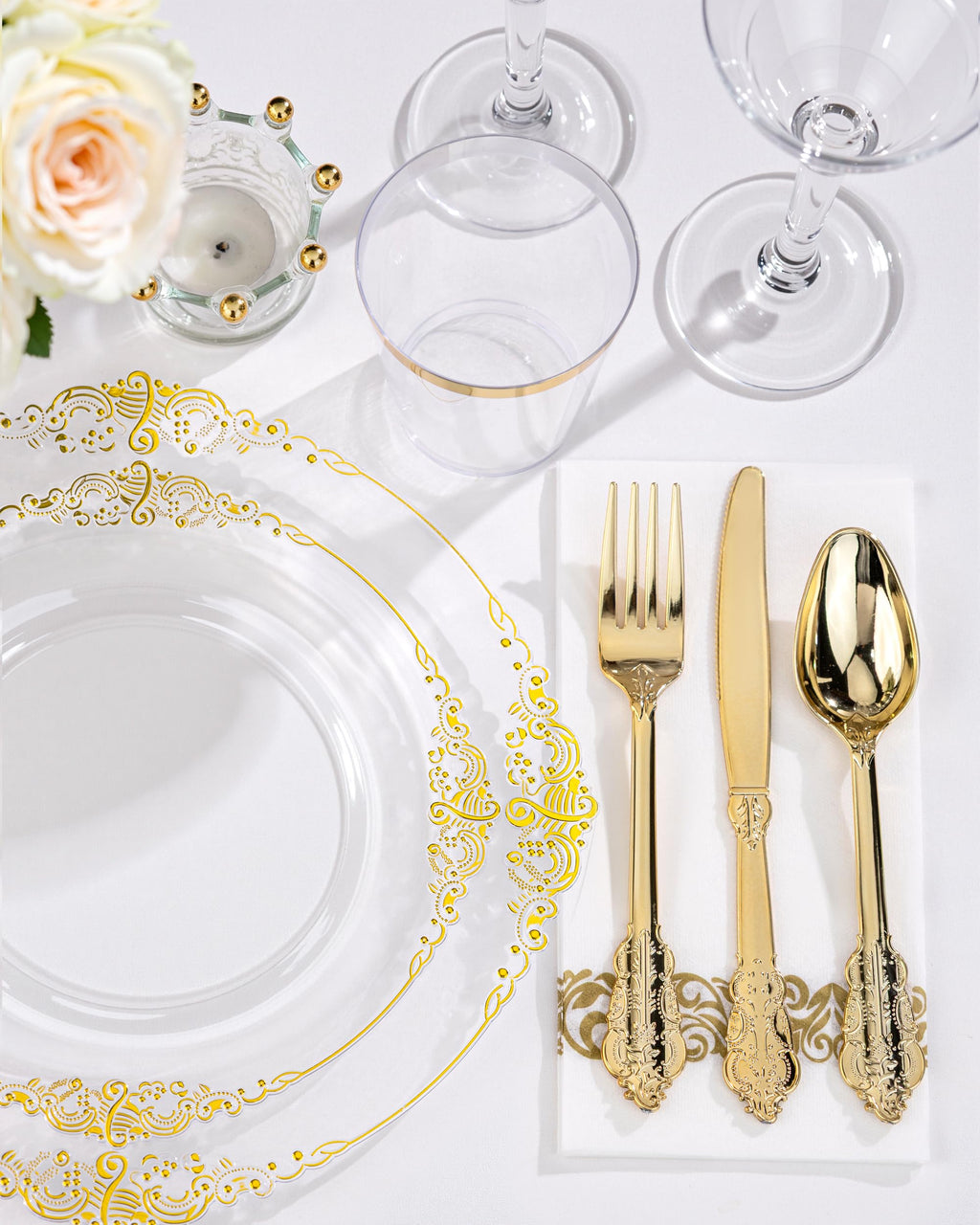 Nervure 175PCS Clear Blue Plastic Plates - Plastic Dinnerware Set Include 25Dinner Plates, 25Dessert Plates, 25Cups, 25Forks, 25Knives, 25Spoons, 25Napkins Perfect for Wedding & Party