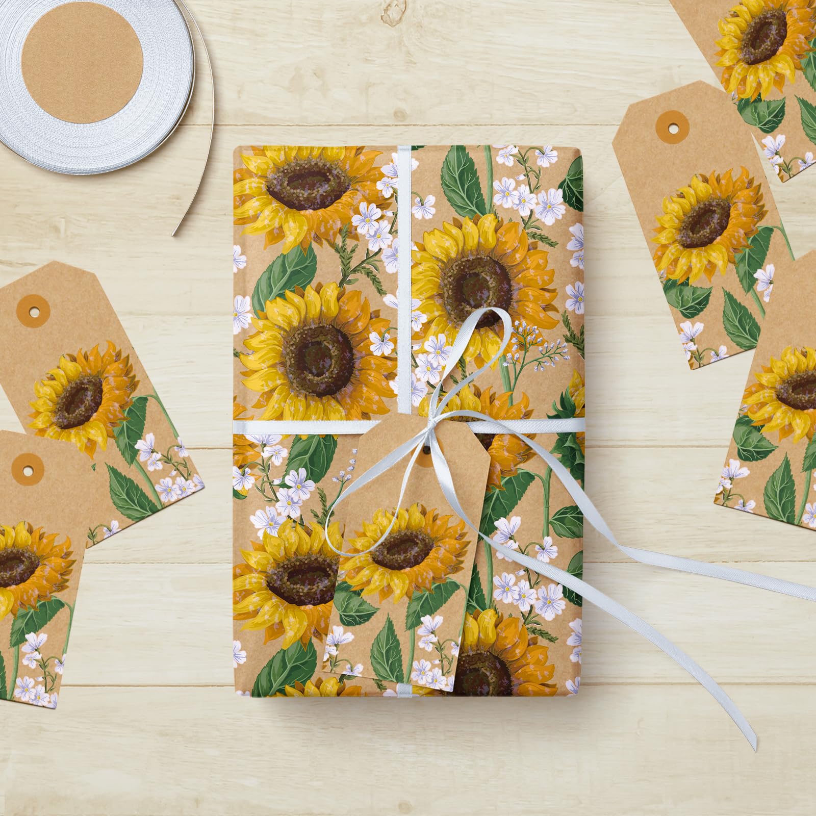 WRAPAHOLIC Kraft Floral Wrapping Paper Roll - Mini Roll - 17 Inch x 9.8 Feet - Spring Summer Garden Flower Design Perfect for Wedding, Bridal Shower, Birthday