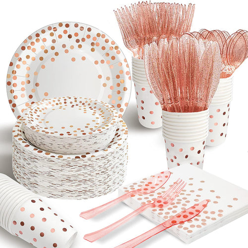 AIRE 175PCS White and Gold Party Supplies, Heavy Duty Disposable Dinnerware Set Serves 25, Paper Plates Plastic Forks Knives Spoons for Birthday,Graduation, Bridal Shower Decoration