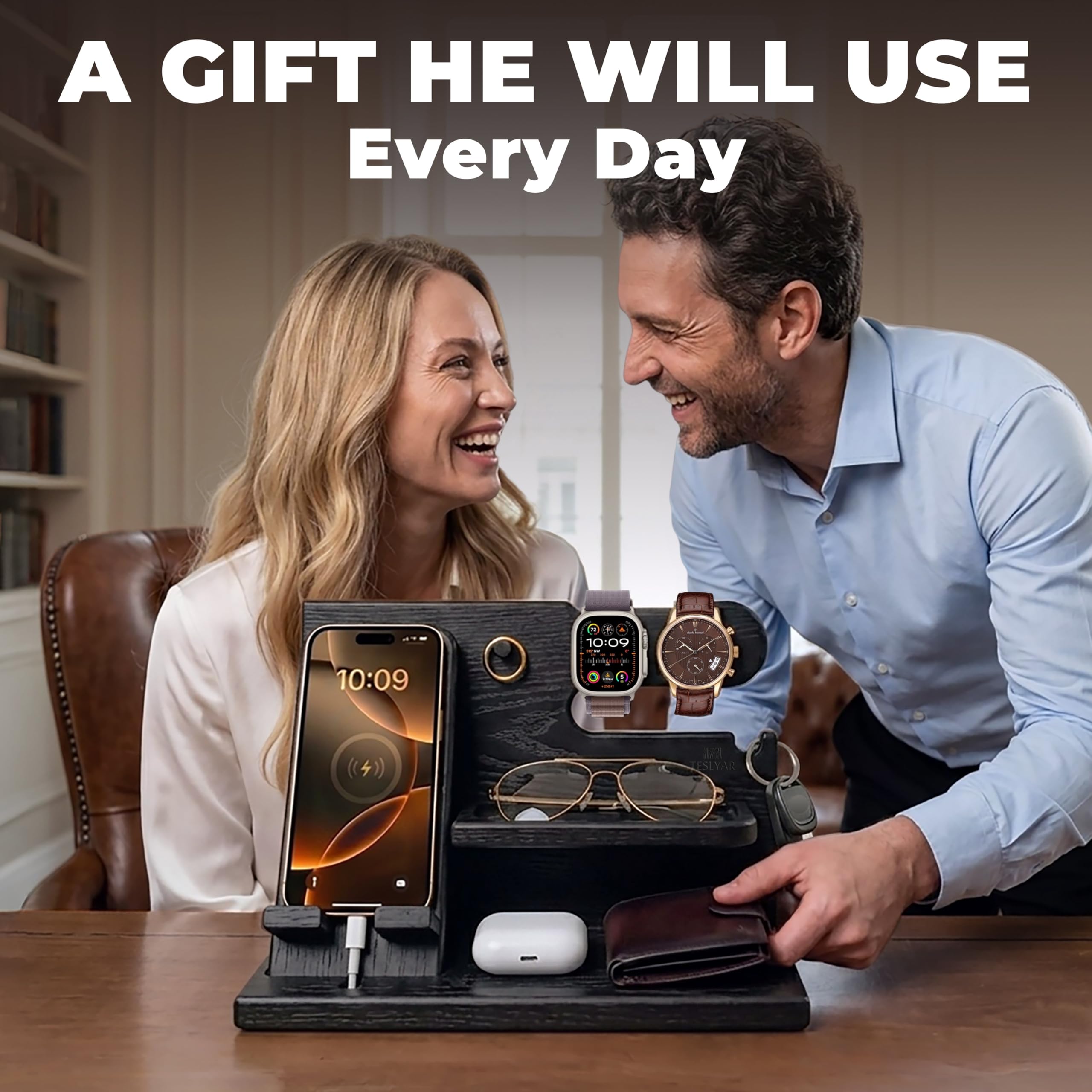 TESLYAR Wood Phone Docking Station for Men - Desk or Nightstand Organizer - Birthday Gifts for Husband, Dad - Anniversary Idea from Wife - Key Holder, Stand Wallet, Watch & Essentials (Bourbon Brown)