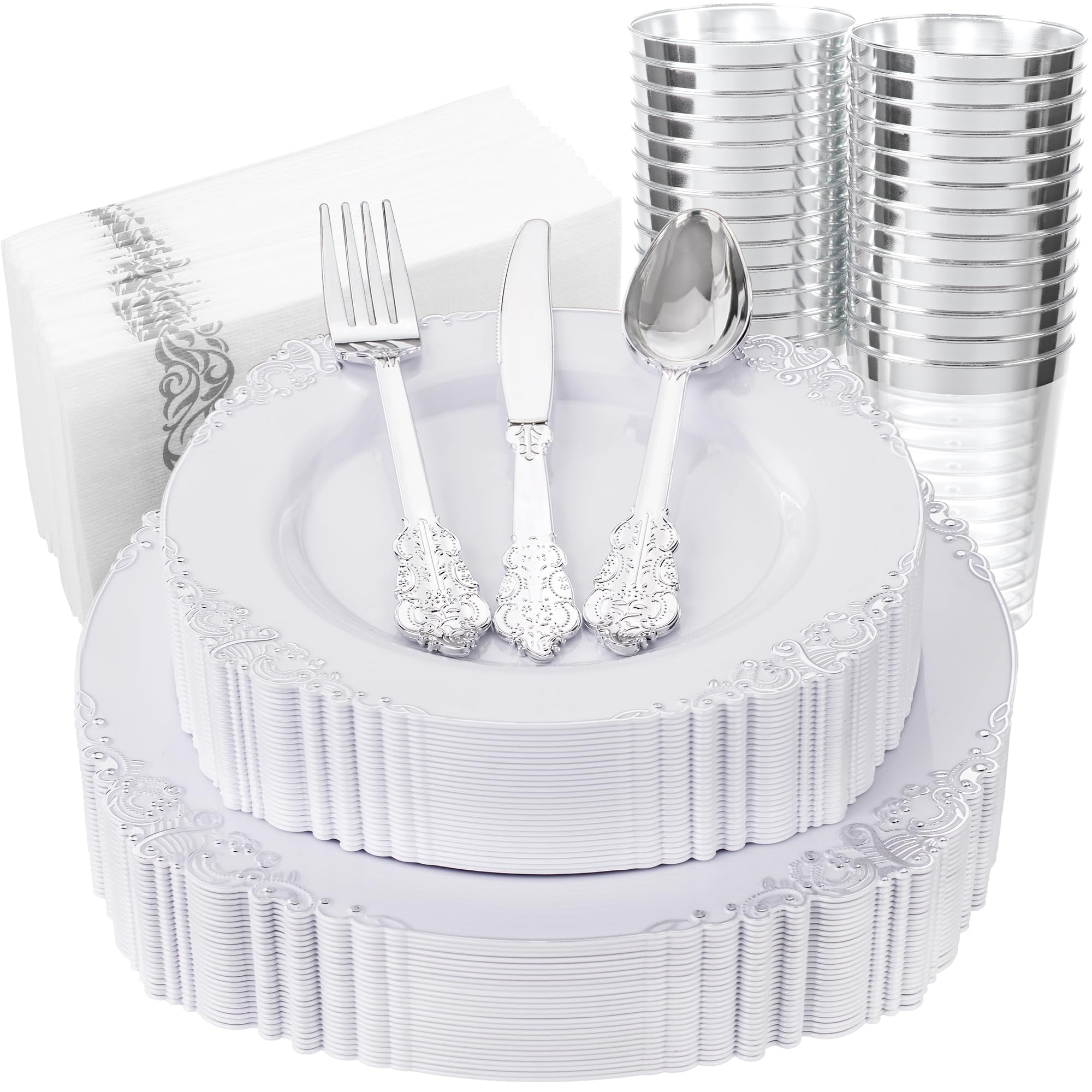 Nervure 175PCS Clear Blue Plastic Plates - Plastic Dinnerware Set Include 25Dinner Plates, 25Dessert Plates, 25Cups, 25Forks, 25Knives, 25Spoons, 25Napkins Perfect for Wedding & Party