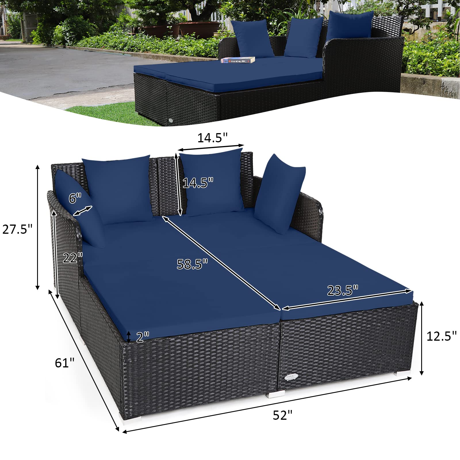 Tangkula Patio Rattan Daybed with Retractable Canopy, Outdoor Wicker Sunbed Lounger with 2 Foldable Side Tables, Thick Seat & Back Cushions, Outside Double Daybed for Garden, Backyard, Porch
