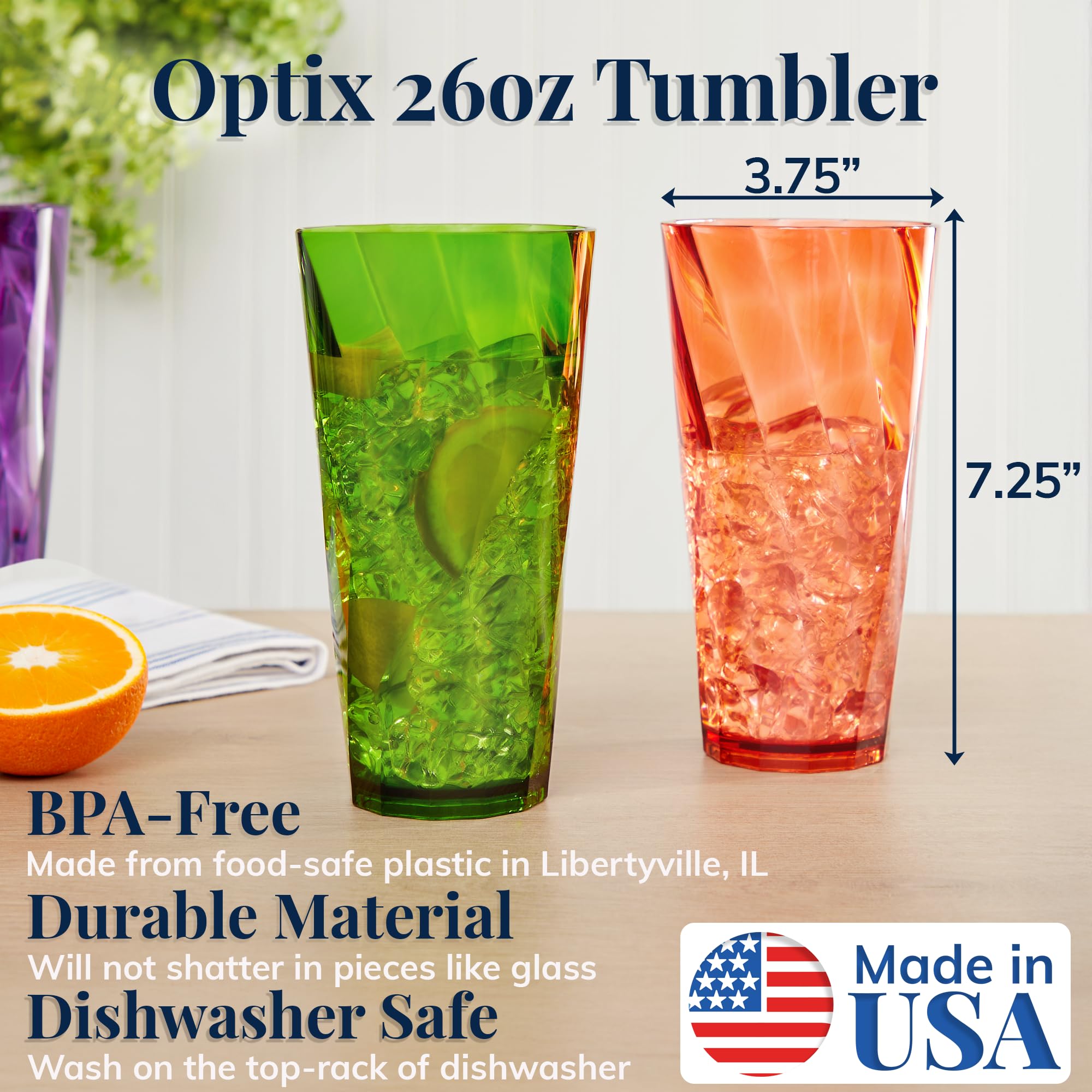 US Acrylic Optix Plastic Reusable Drinking Glasses (Set of 8) 20oz Water Cups in Jewel Tone Colors | BPA-Free Tumblers, Made in USA | Top-Rack Dishwasher Safe