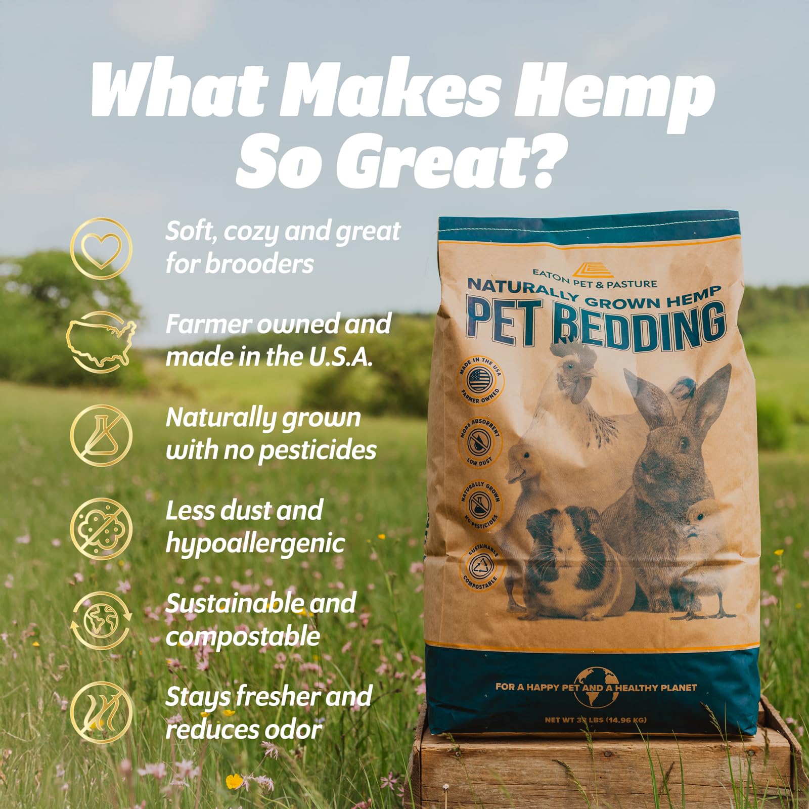 Eaton Pet and Pasture, Naturally Grown Hemp Pet Bedding for Chickens, Nesting Boxes, Rabbits, Hamsters, Small Pets, Highly Absorbent, Hypoallergenic, Eco-Friendly, Farmer Owned 28L