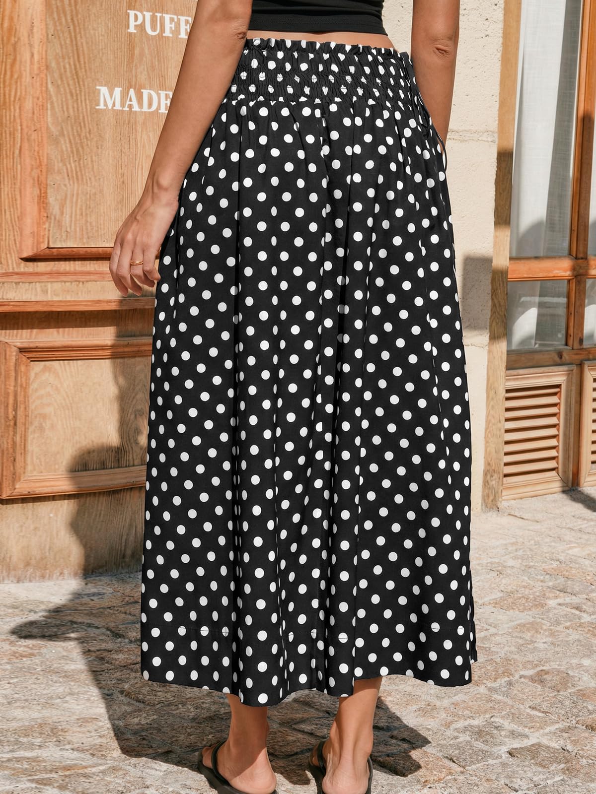 Tankaneo Womens Polka Dot Maxi Skirts Boho Smocked High Waisted Tie Skirt Casual Beach Vacation Dress