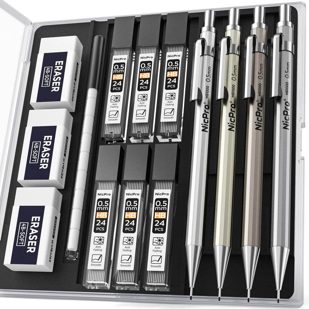 Nicpro 4 Pack Mechanical Pencil 0.7mm with Case, MB1000 Metal Mechanical Pencil Set with 6 Tube HB #2 Lead Refill 0.7 mm, 3PCS 4B Eraser, 9 Cap Eraser for Artist Drafting Writing, Sketching, Drawing