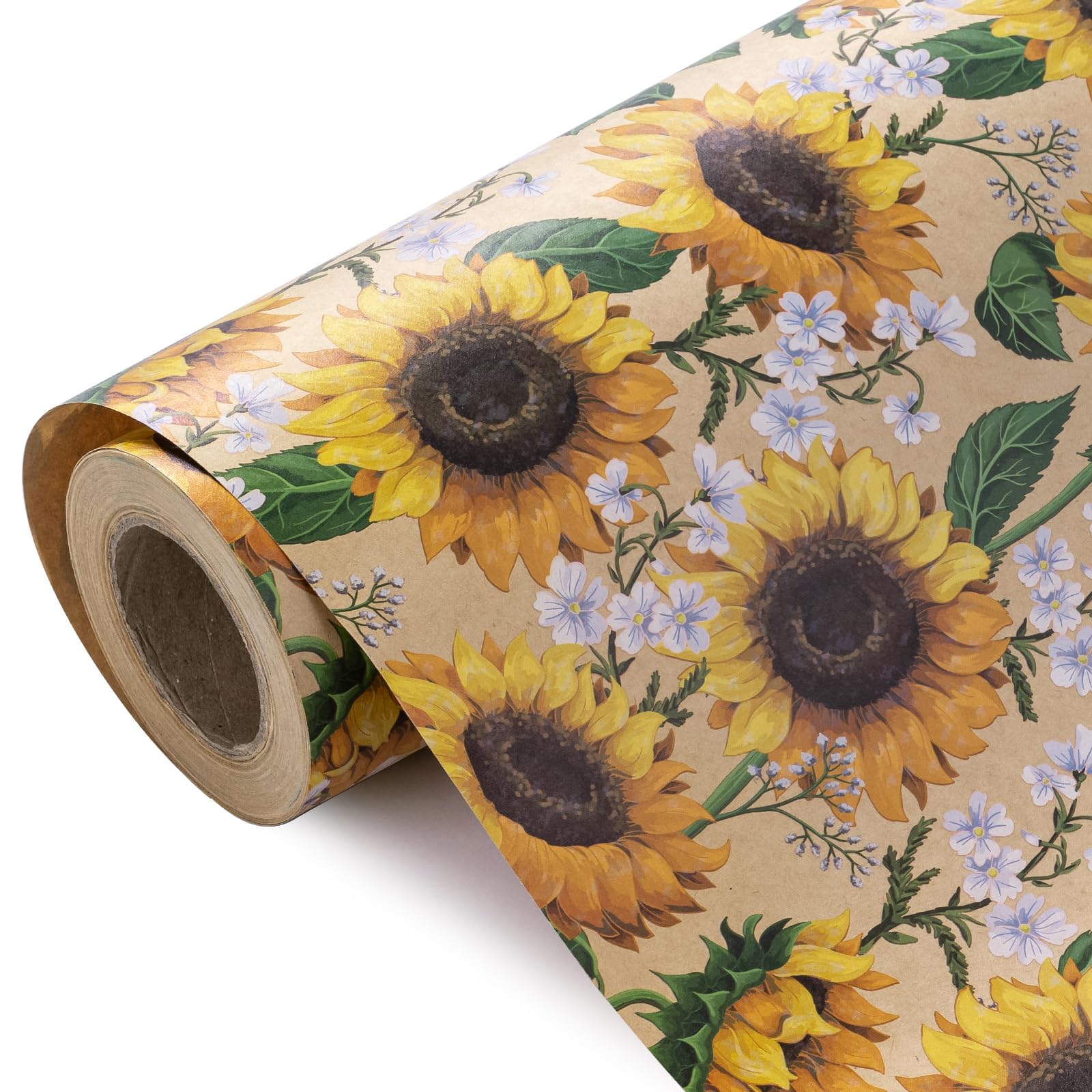 WRAPAHOLIC Kraft Floral Wrapping Paper Roll - Mini Roll - 17 Inch x 9.8 Feet - Spring Summer Garden Flower Design Perfect for Wedding, Bridal Shower, Birthday