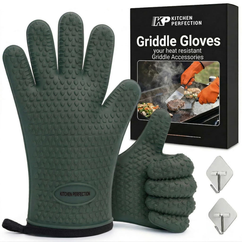KITCHEN PERFECTION Silicone Oven & Griddle Gloves -Extreme Heat Resistant BBQ & Grilling Gloves -Handle Hot Food Right on Your Griddle |Waterproof Oven Mitts Grill Gloves |Superior Set+3 Bonuses