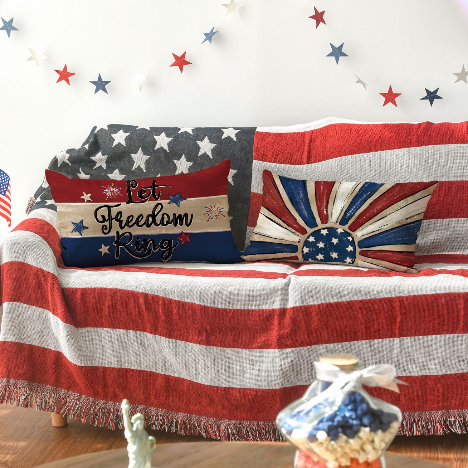 AVOIN colorlife Let Freedom Ring Stars Fireworks Flower Red Throw Pillow Covers, 12 x 20 Inch 4th of July Patriotic Independence Memorial Day USA Flag Cushion Case for Sofa Couch Set of 4